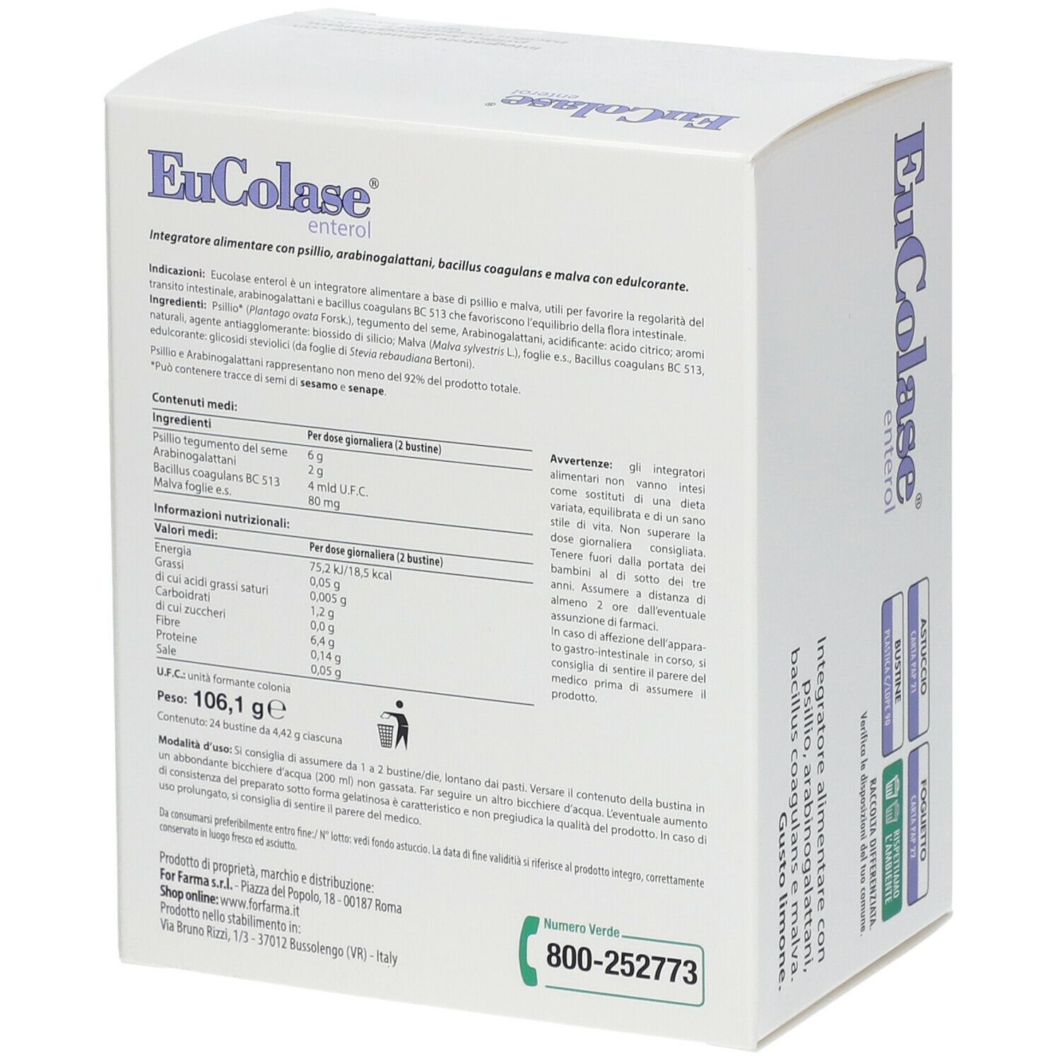 Boîte de EuColase enterol®. Dos avec informations et tableau nutritionnel. Contient 24 sachets.