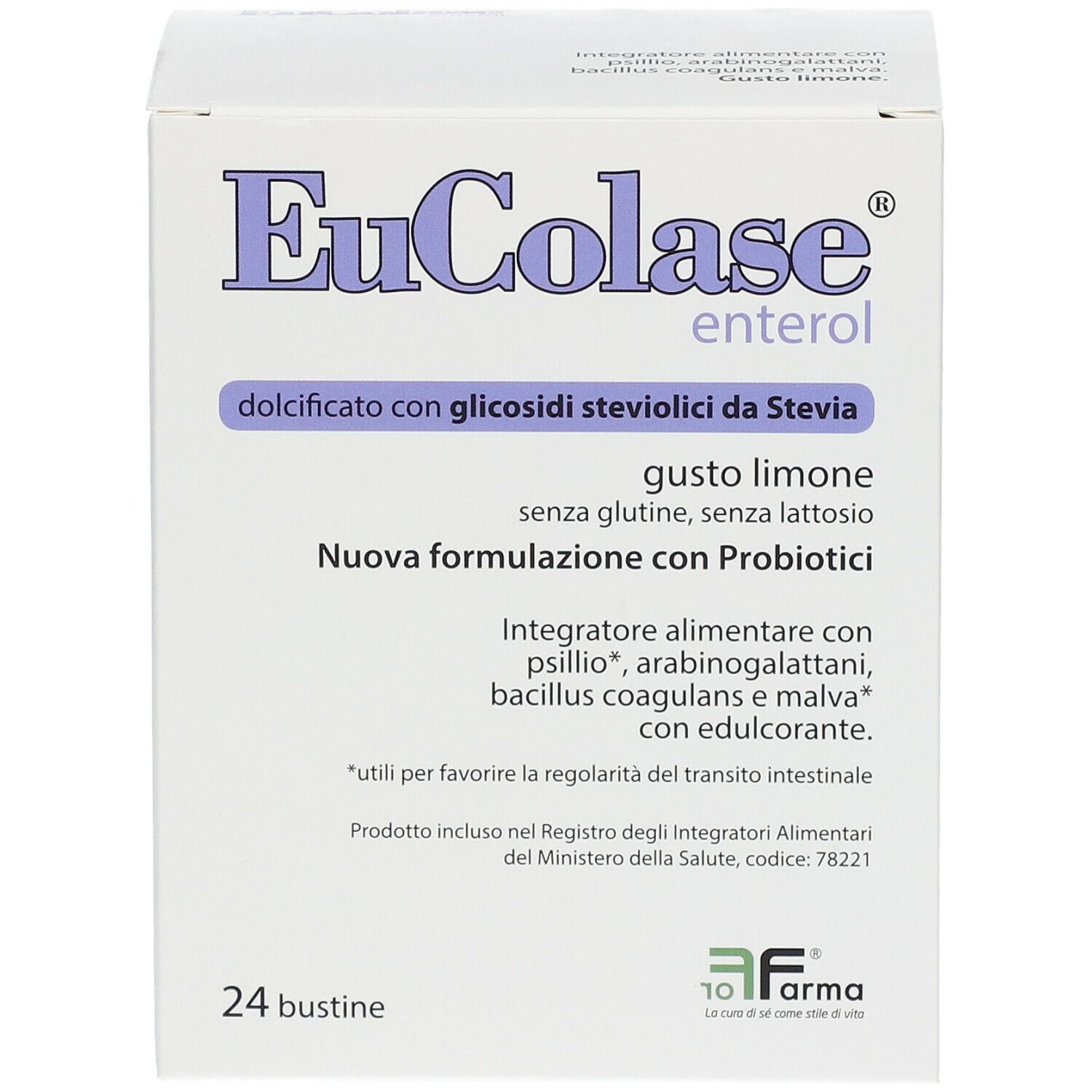 Boîte de EuColase enterol®. Contient 24 sachets. Inscription : 'dolcificato con glicosidi steviolici da Stevia'.
