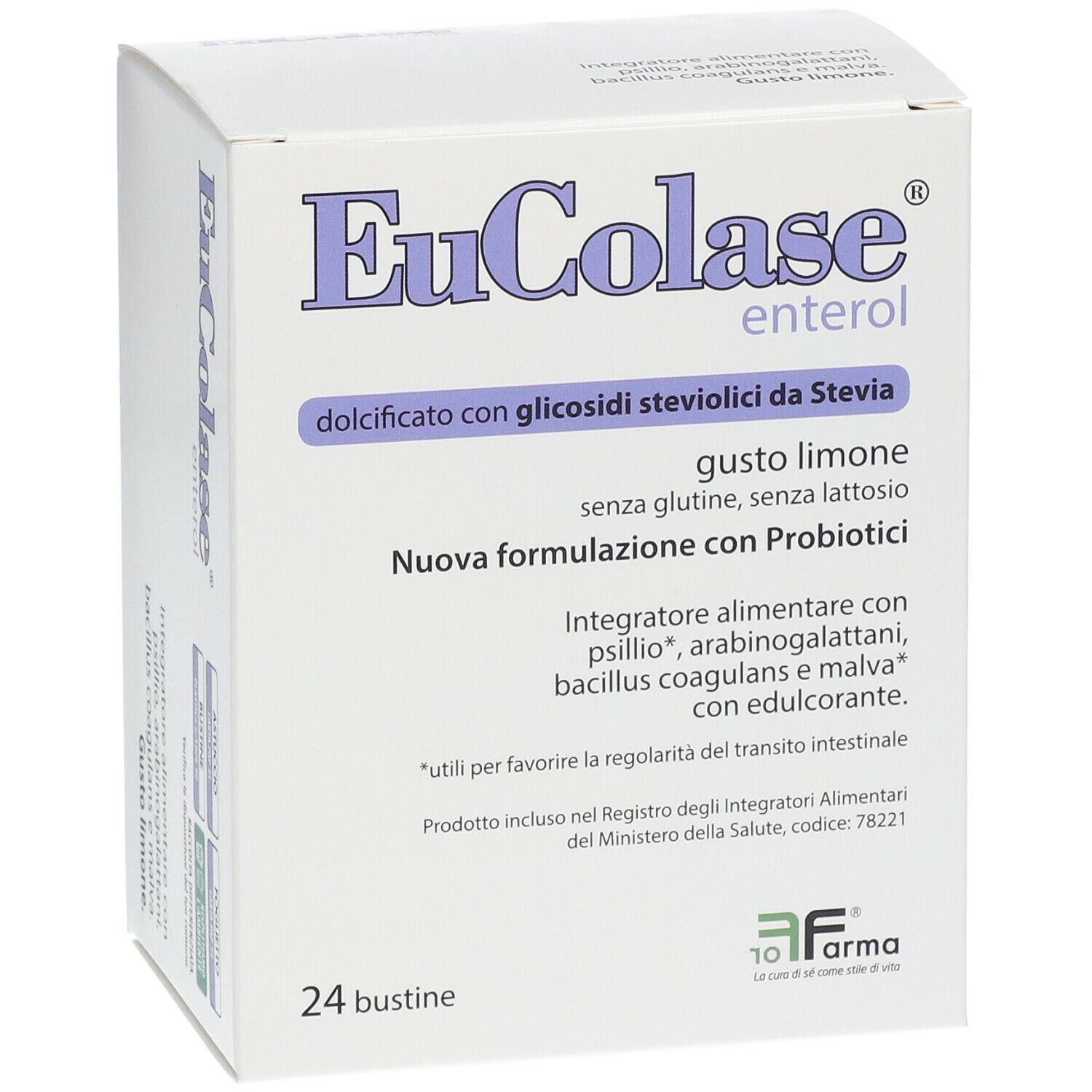 Boîte de EuColase enterol®. Contient 24 sachets. Inscription : 'dolcificato con glicosidi steviolici da Stevia'.