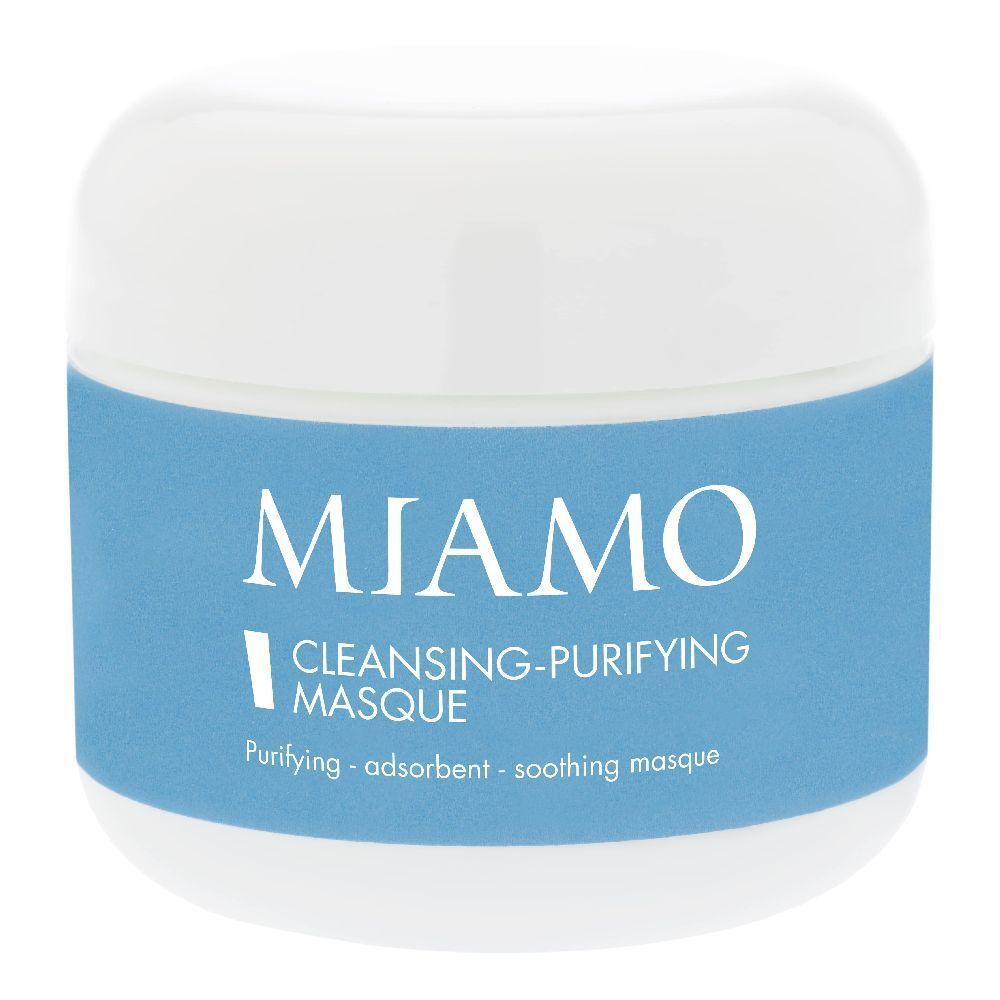 Vasetto bianco con etichetta blu. Scritta: MIAMO, CLEANSING-PURIFYING MASQUE. Testo: Purifying - adsorbent - soothing masque.