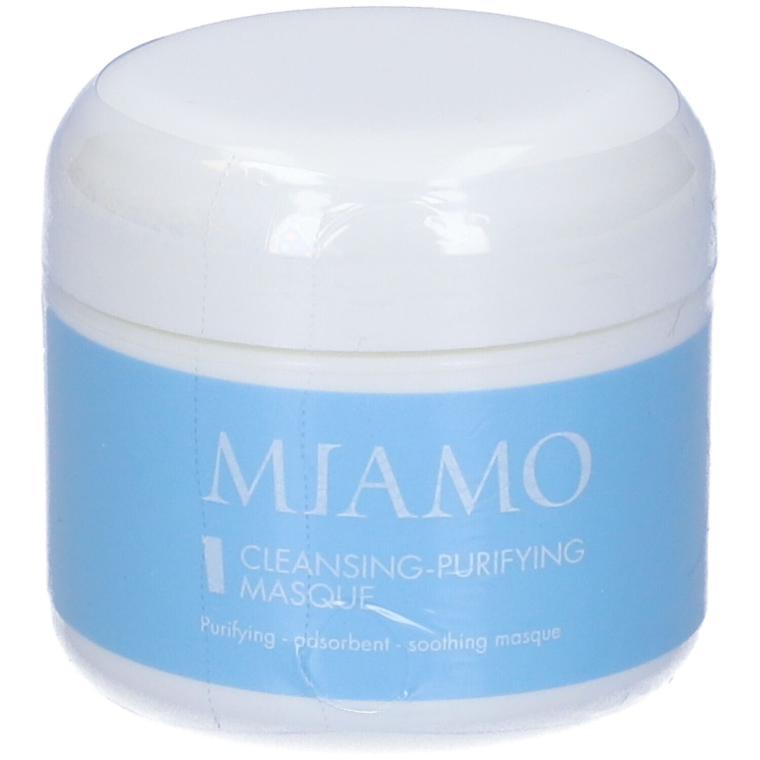 Vasetto bianco con etichetta blu, confezionato in pellicola. Scritta: MIAMO, CLEANSING-PURIFYING MASQUE. Testo: Purifying.