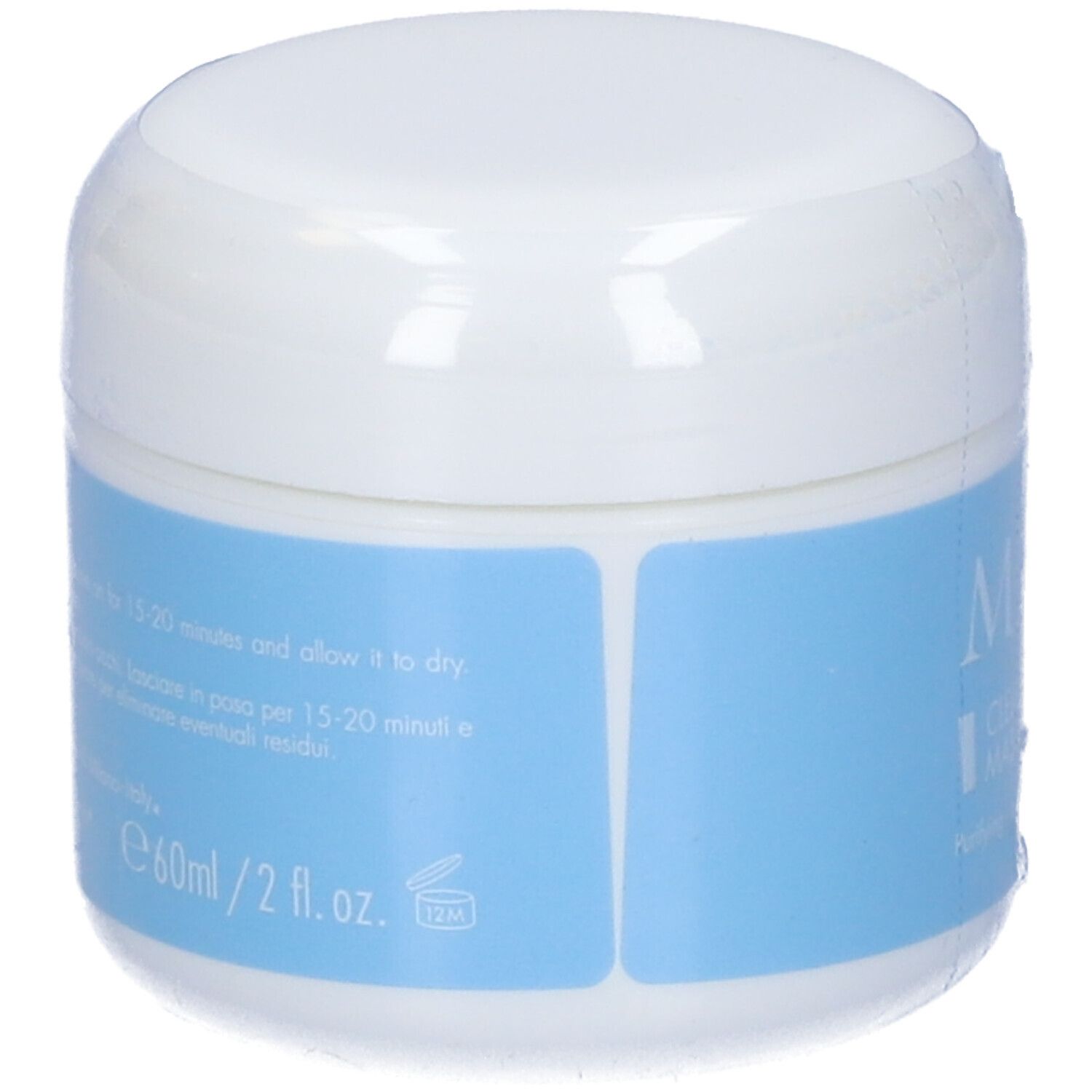 Vasetto bianco con etichetta blu, confezionato in pellicola. Scritta: MIAMO, CLEANSING-PURIFYING MASQUE. Testo: Purifying.