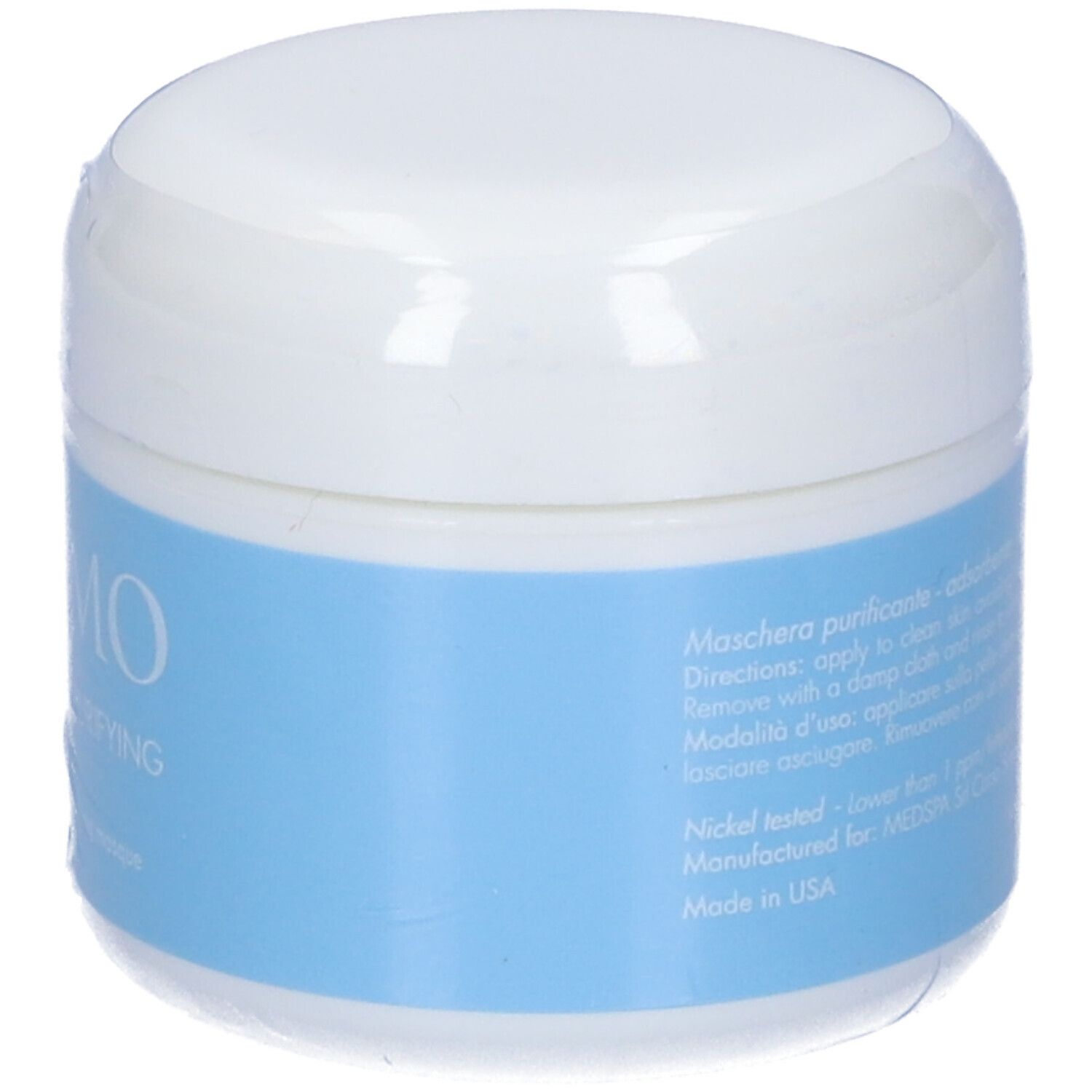 Vasetto bianco con etichetta blu. Scritta: MIAMO, CLEANSING-PURIFYING MASQUE. Testo e informazioni su uso e ingredienti.