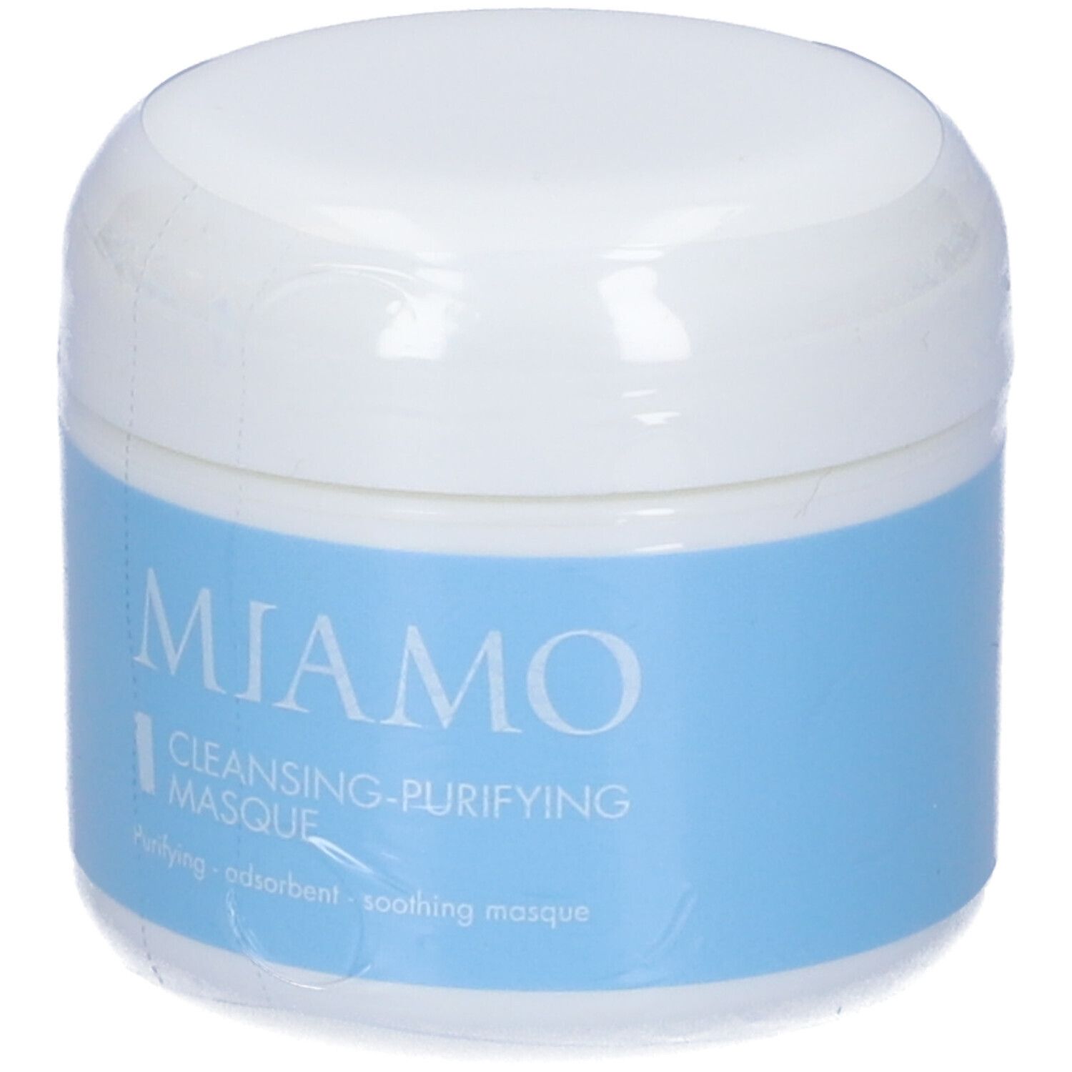 Vasetto bianco con etichetta blu, confezionato in pellicola. Scritta: MIAMO, CLEANSING-PURIFYING MASQUE. Testo: Purifying.