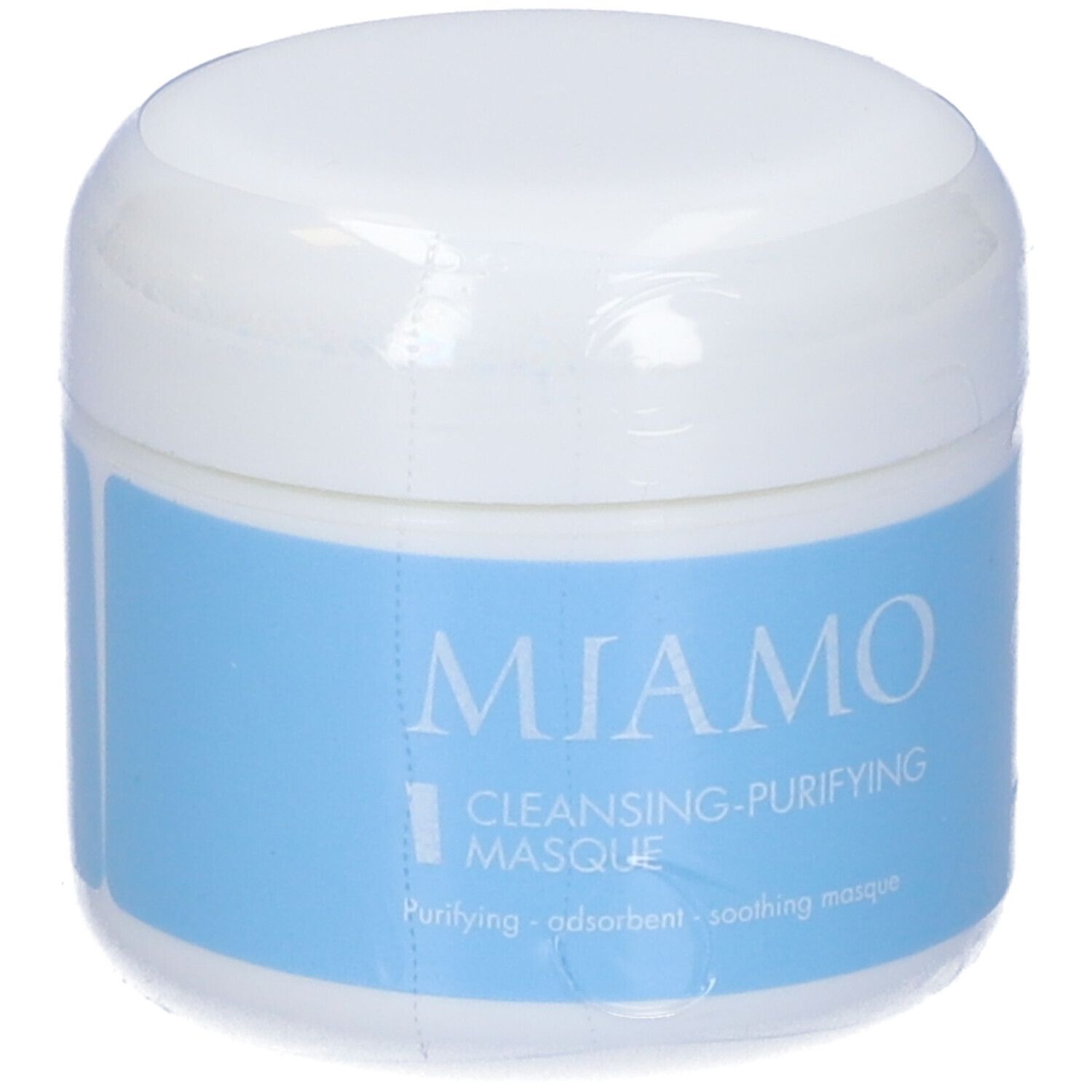 Vasetto bianco con etichetta blu, confezionato in pellicola. Scritta: MIAMO, CLEANSING-PURIFYING MASQUE. Testo: Purifying.