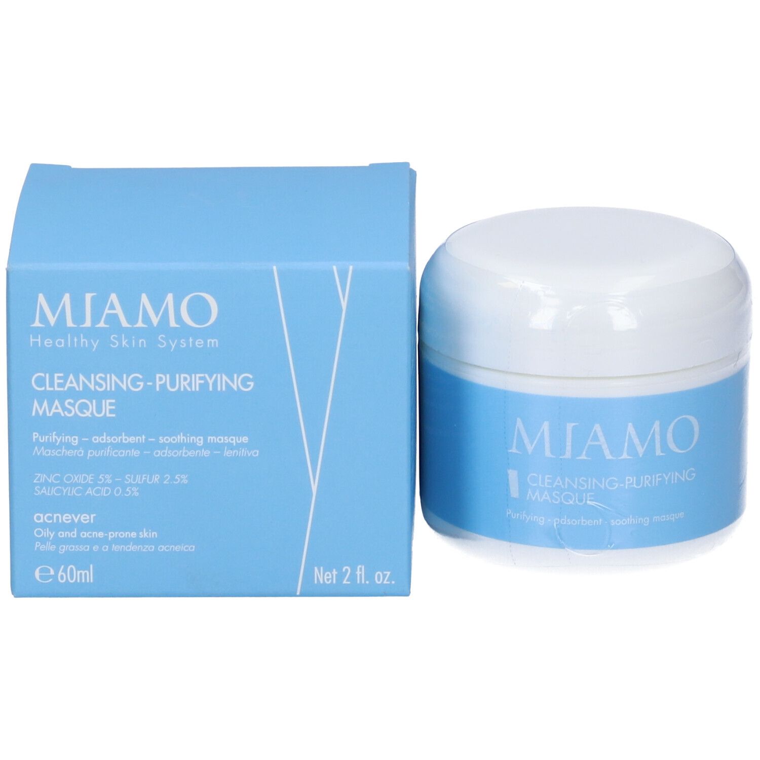 Confezione e vasetto del prodotto. Scritta: MIAMO, CLEANSING-PURIFYING MASQUE. Testo: Purifying - adsorbent - soothing masque. Ingredienti.