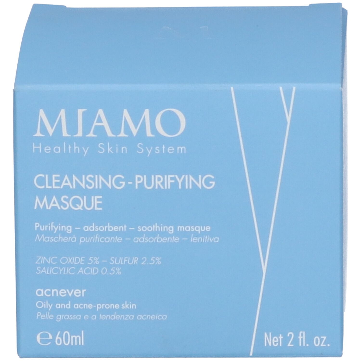 Confezione del prodotto. Scritta: MIAMO, CLEANSING-PURIFYING MASQUE. Testo: Purifying - adsorbent - soothing masque. Ingredienti.