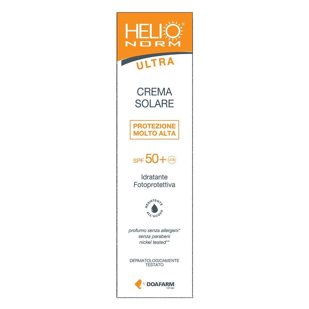 Tubo crema con informazioni prodotto. Marca: Helionorm Ultra. Testo: Crema Solare, SPF 50+, resistente all'acqua, dermatologicamente testato.