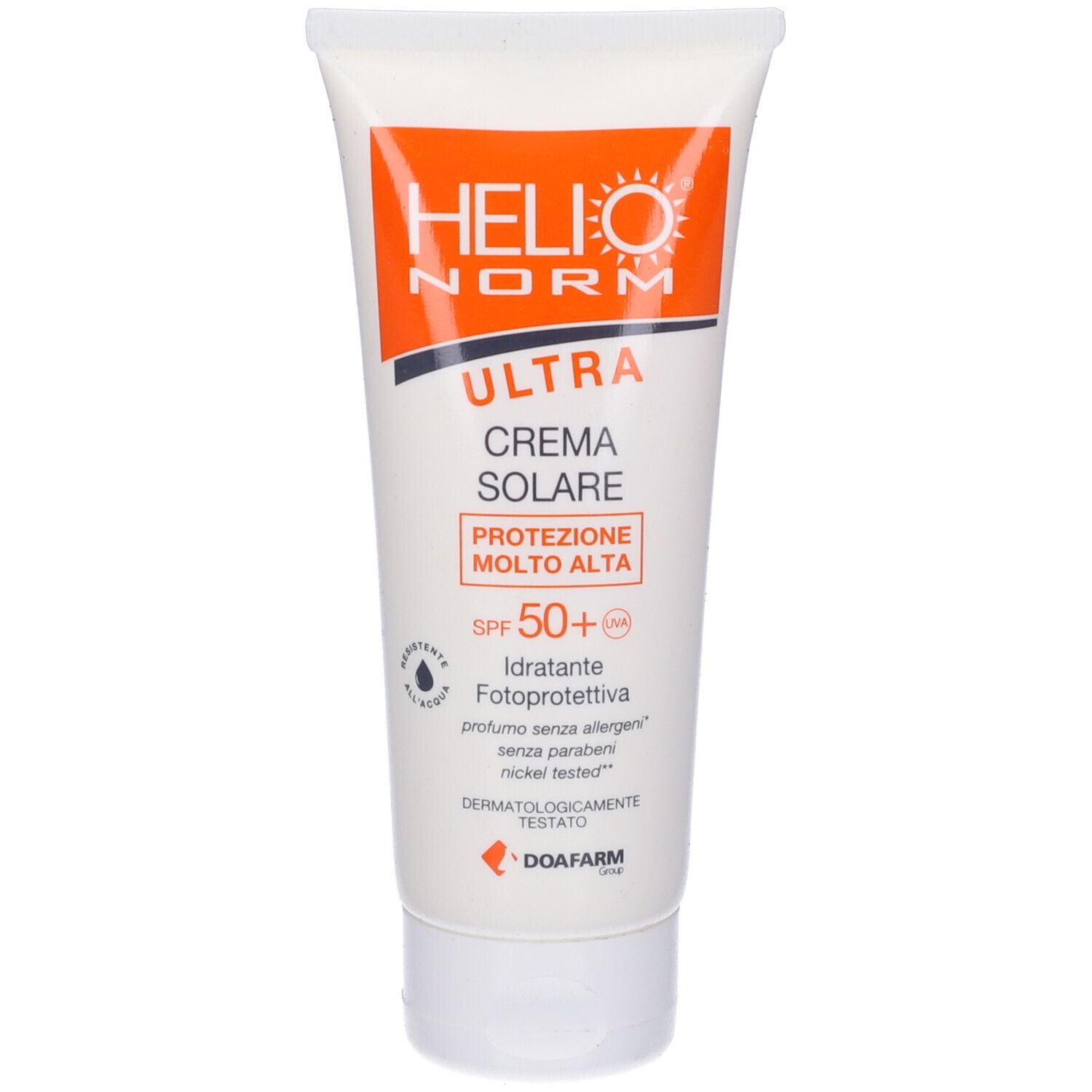 Tubo bianco con informazioni prodotto. Marca: Helionorm Ultra. Testo: Crema Solare, SPF 50+, resistente all'acqua, dermatologicamente testato.