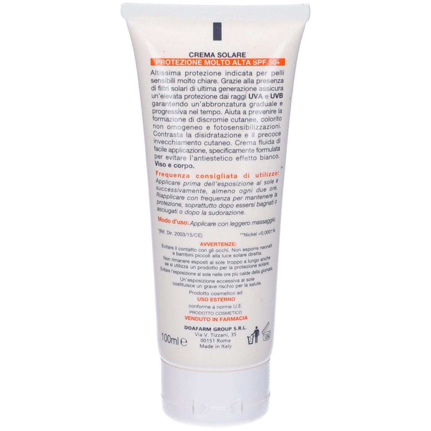 Retro del tubo crema. Testo: Crema Solare, istruzioni per l'uso, ingredienti, informazioni produttore, 100ml.