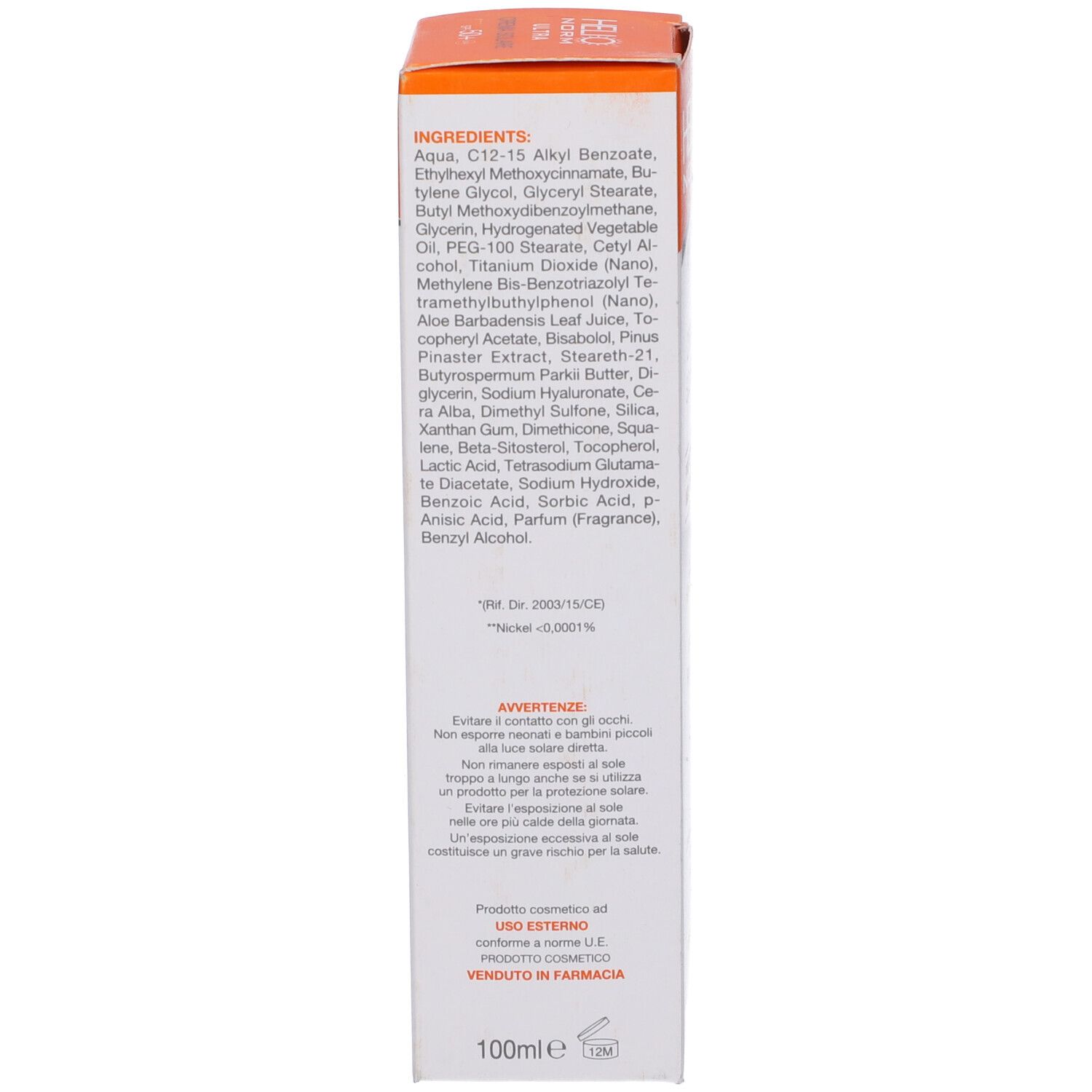 Lato della confezione del prodotto. Testo: Ingredienti, avvertenze, informazioni produttore, 100ml.
