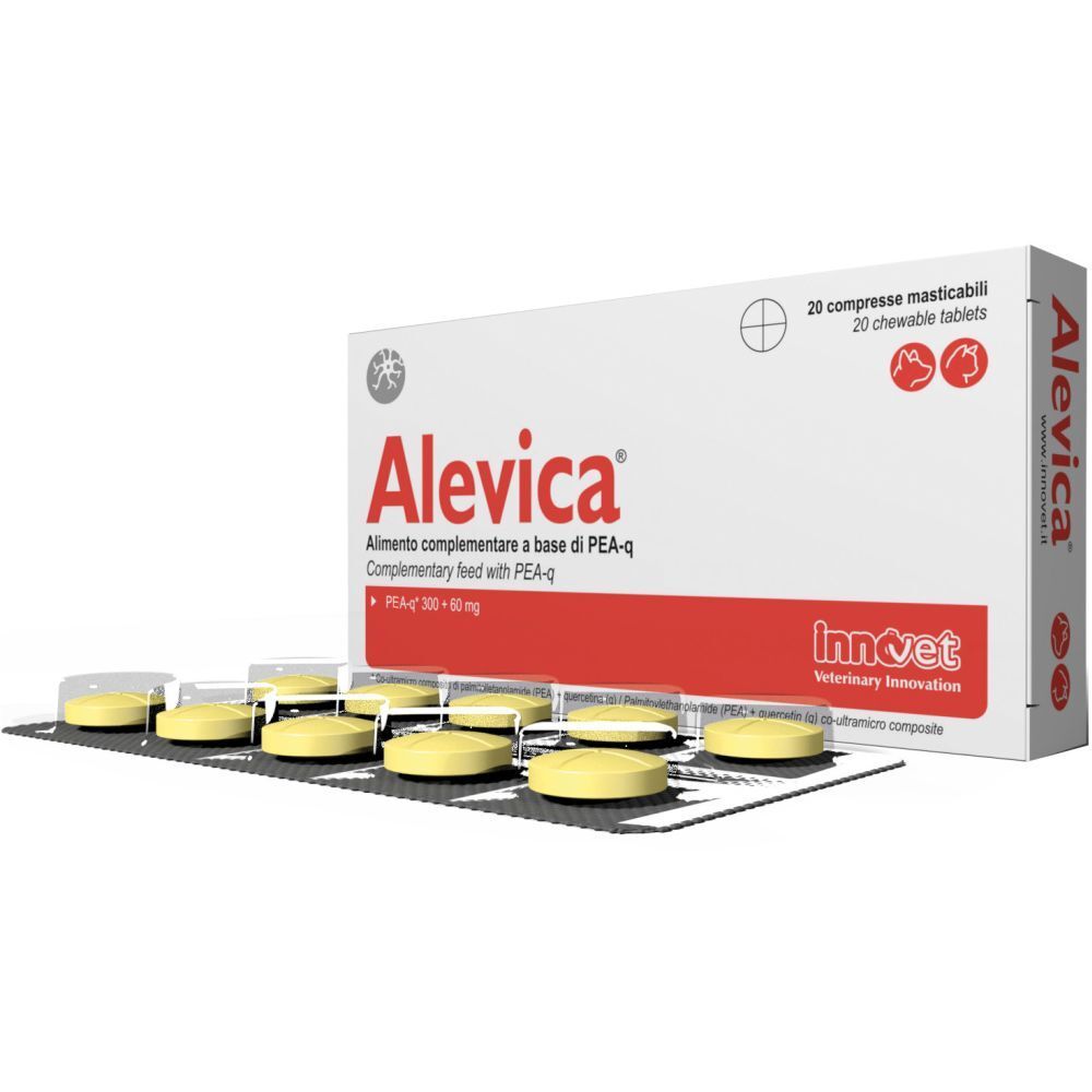 Alevica compresse masticabili in blister e scatola. Compresse gialle. Scritta: Alevica, PEA-q, 20 compresse.