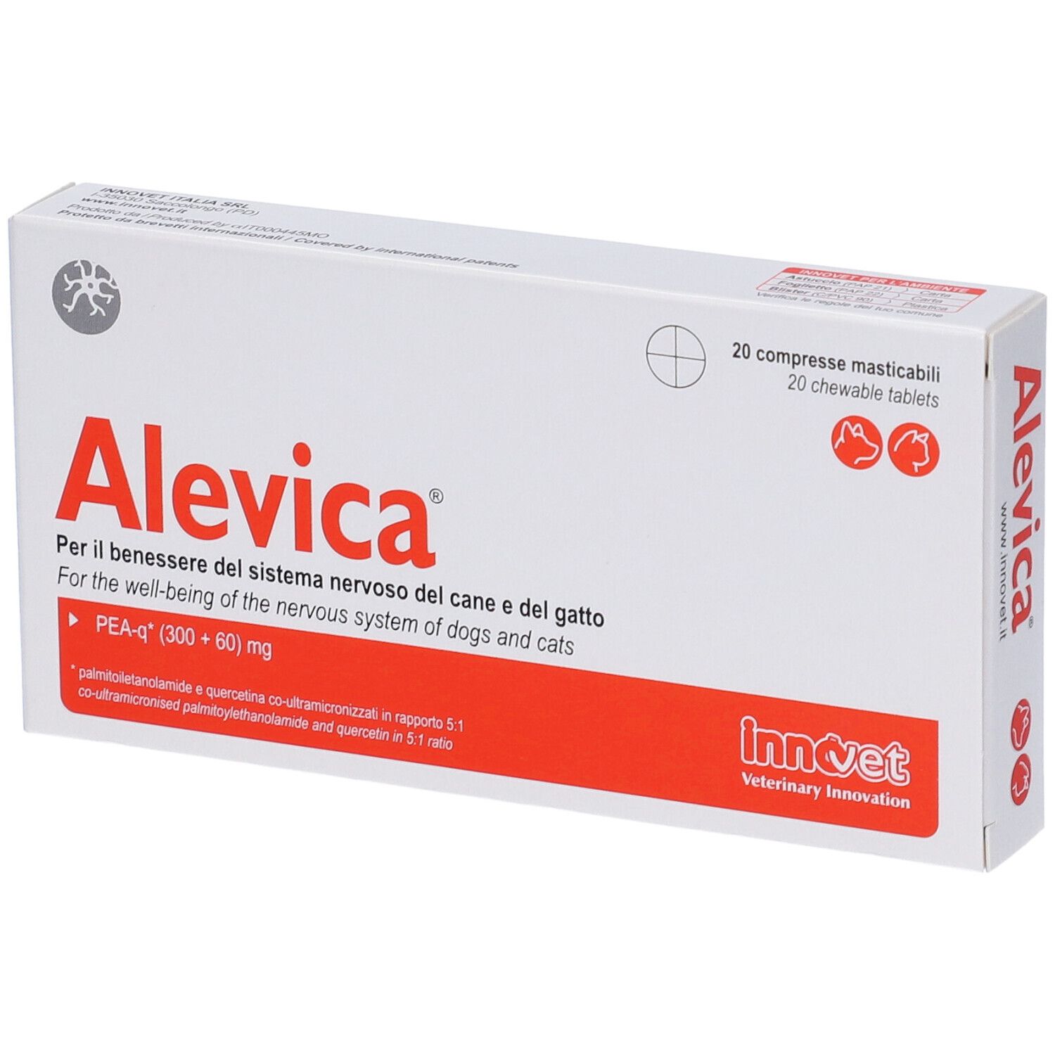 Scatola bianca con testo rosso. Scritta: Alevica, 20 compresse masticabili. Per cani e gatti. Marchio: Innovet.