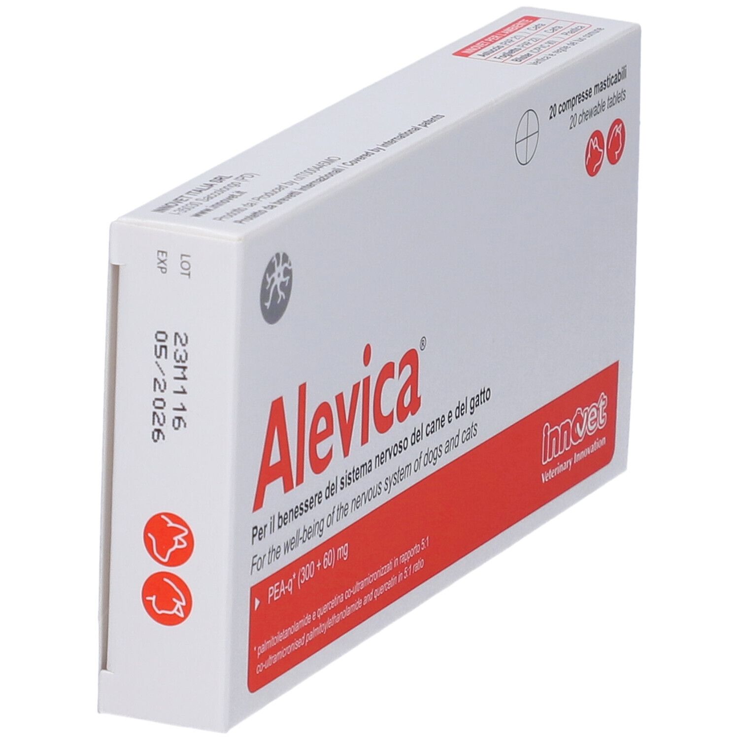 Scatola bianca con testo rosso. Scritta: Alevica, 20 compresse masticabili. Per cani e gatti. Marchio: Innovet.