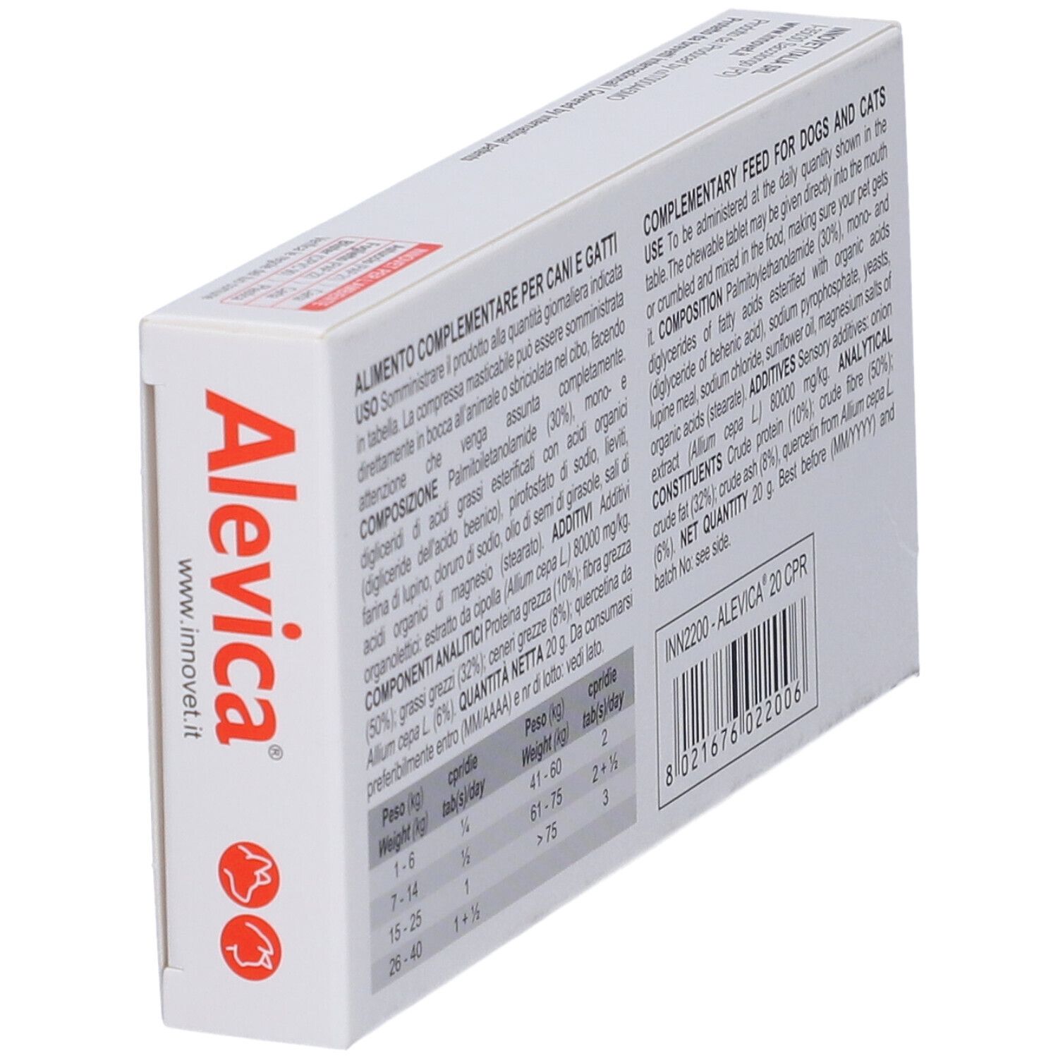 Scatola Alevica in diagonale. Testo in italiano e inglese. Ingredienti e dosaggio. Marchio: Innovet.