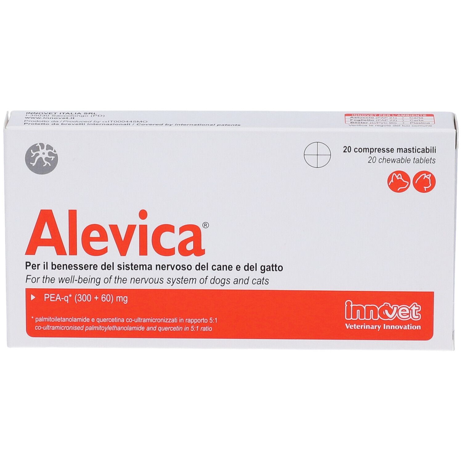Scatola bianca con testo rosso. Scritta: Alevica, 20 compresse masticabili. Per cani e gatti. Marchio: Innovet.