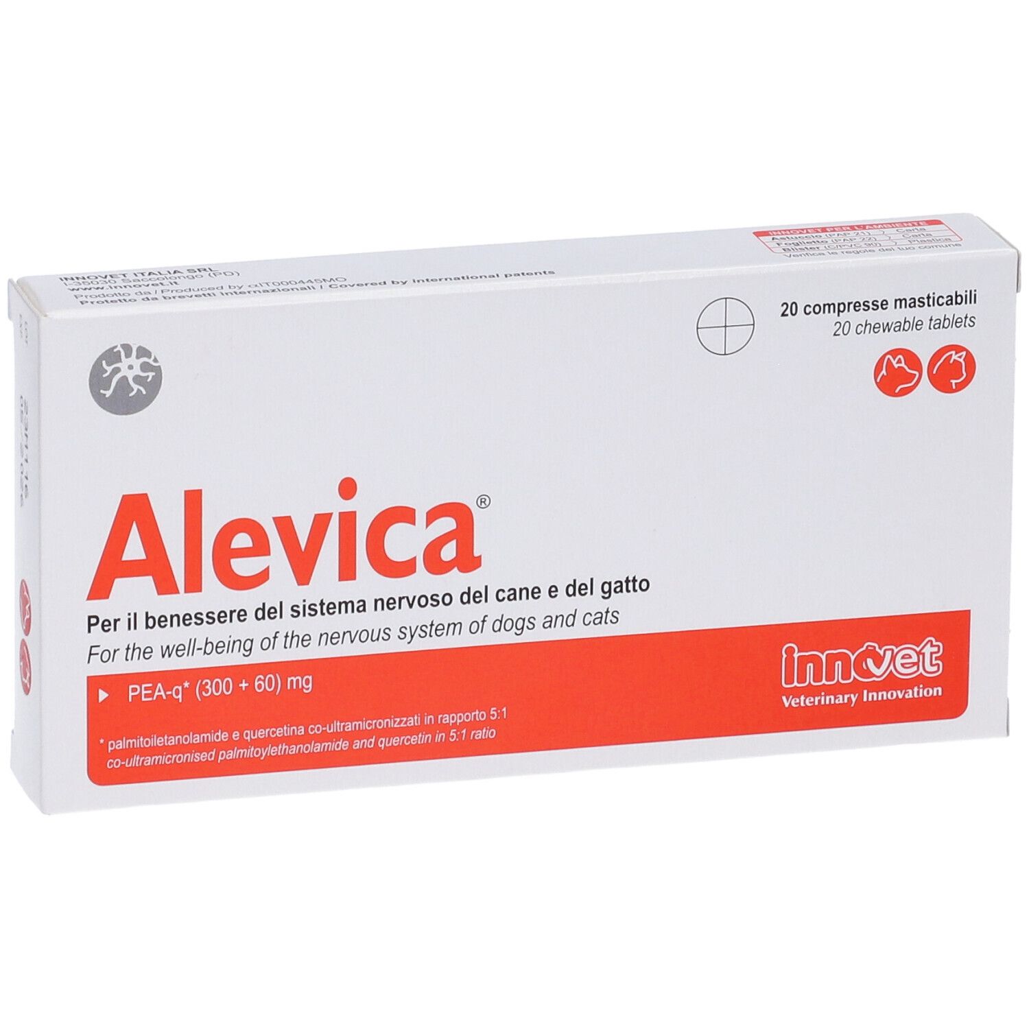 Scatola bianca con testo rosso. Scritta: Alevica, 20 compresse masticabili. Per cani e gatti. Marchio: Innovet.