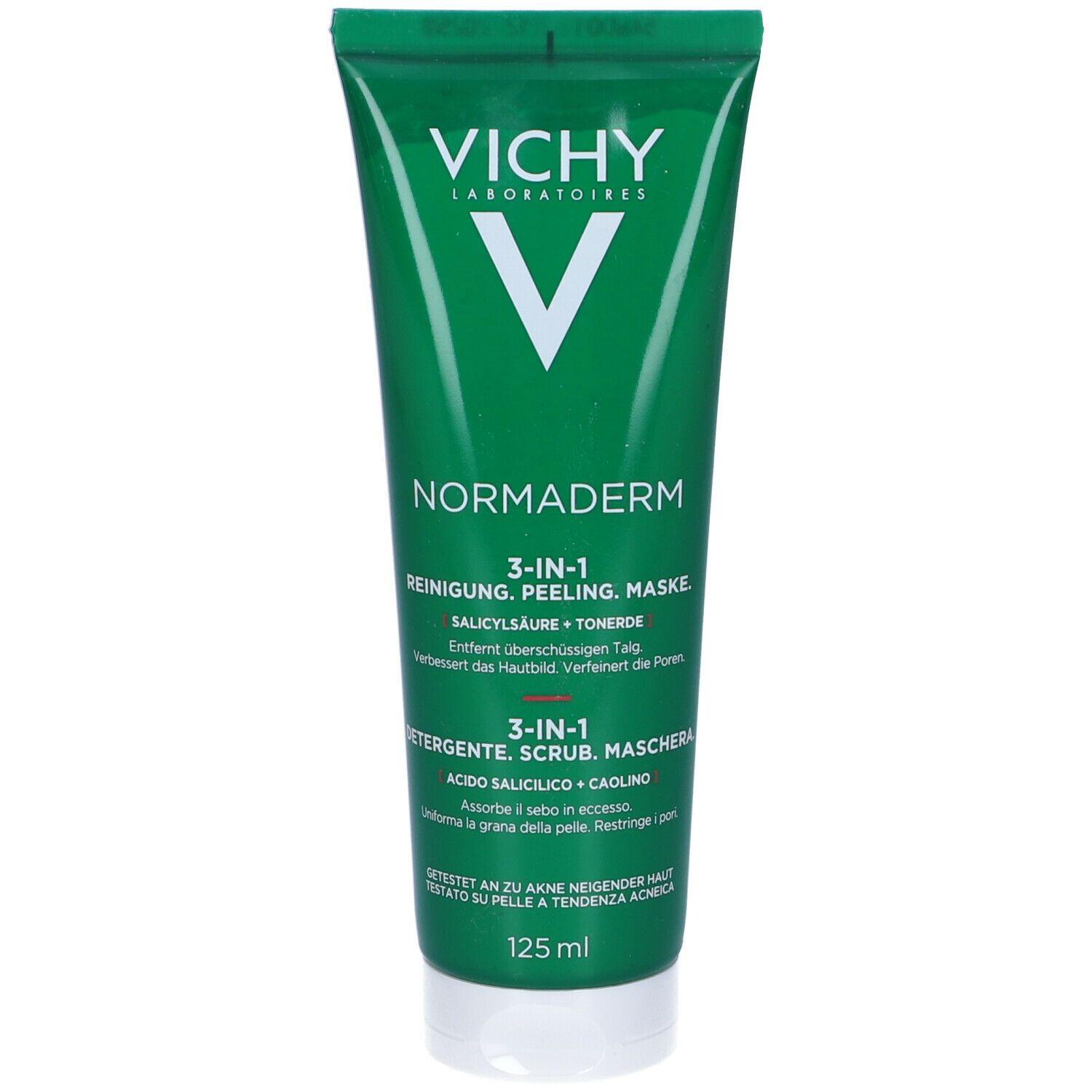 Tubo verde con tappo bianco. Logo Vichy e nome del prodotto. Scritta: 3-IN-1 Detergente, Scrub, Maschera. 125 ml.