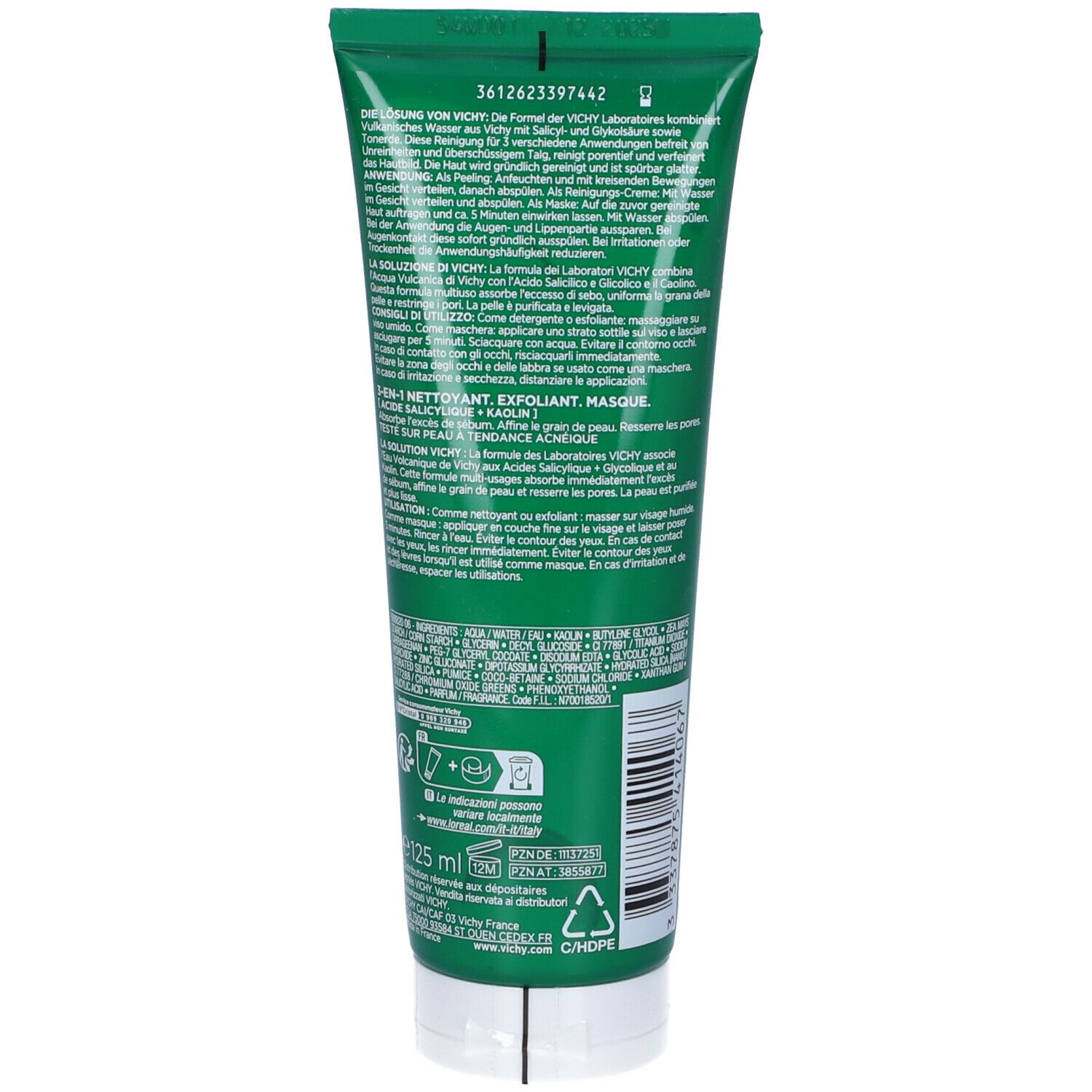 Retro di un tubo verde con tappo bianco. Testo in più lingue. Informazioni sul prodotto e sul produttore. 125 ml.