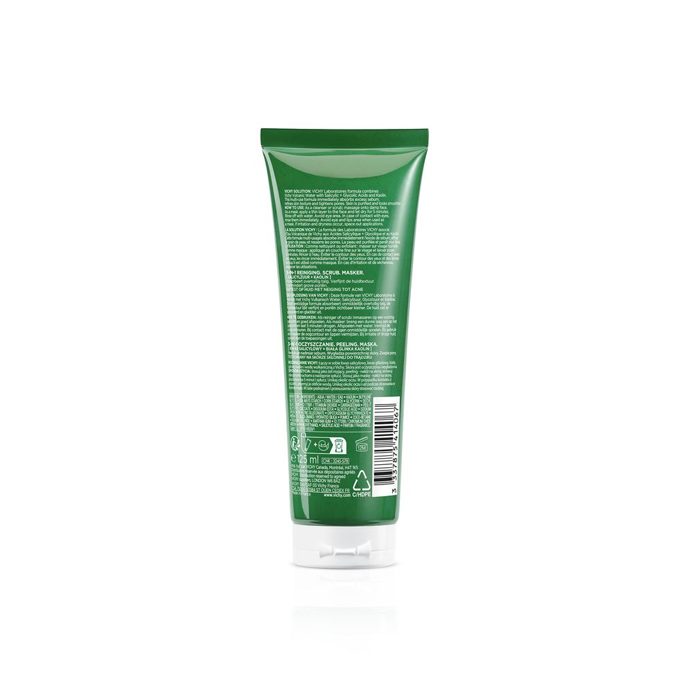 Retro di un tubo verde con tappo bianco. Testo in più lingue. Informazioni sul prodotto e sul produttore.