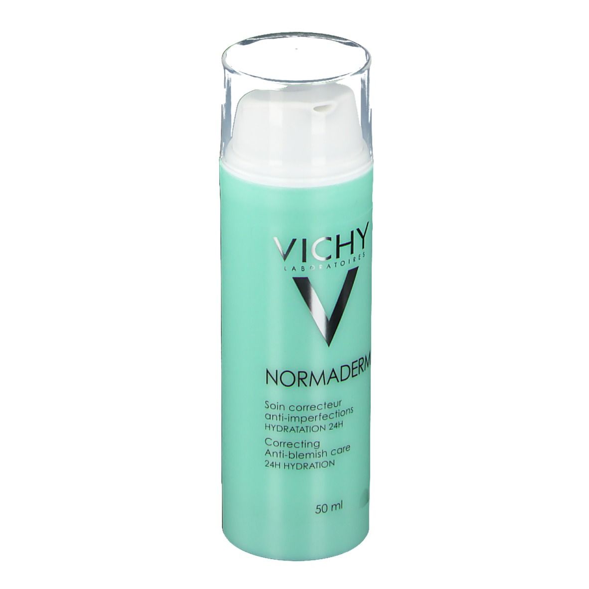 Flacone turchese con tappo bianco. Logo VICHY e nome NORMDERM. Testo: Cura anti-imperfezioni, idratazione 24H.