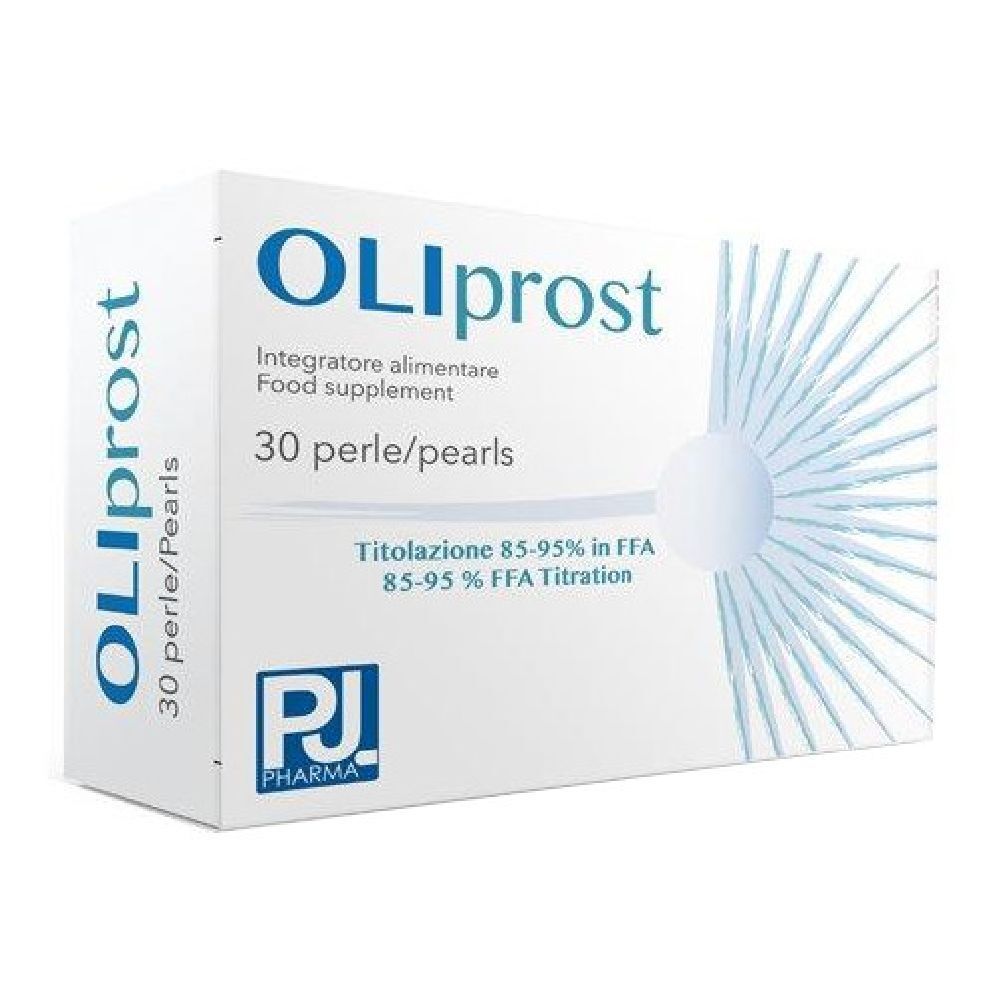 Scatola bianca con scritta blu OLIprost, 30 perle. Integratore alimentare. Logo PJ Pharma.