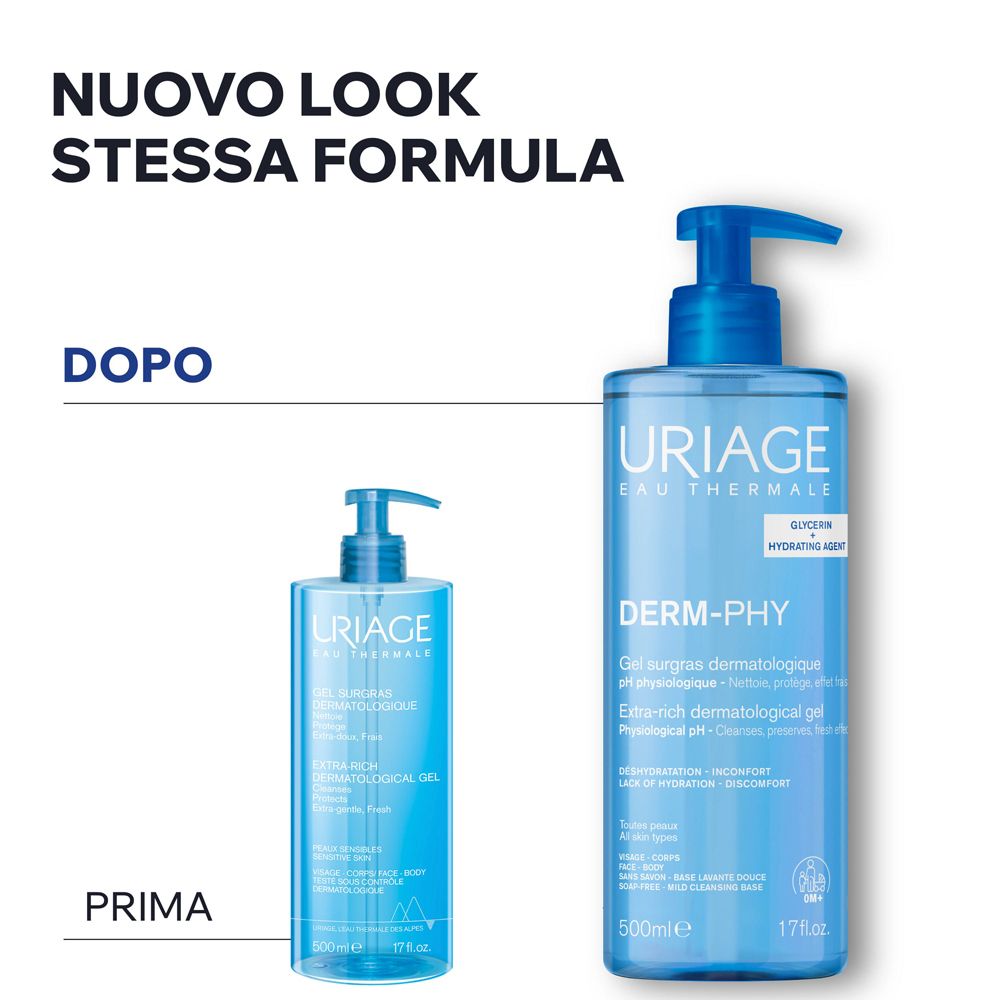Zwei Uriage Derm-Phy Duschgele in blauen Pumpflaschen. Ein kleineres und ein größeres mit 500ml.