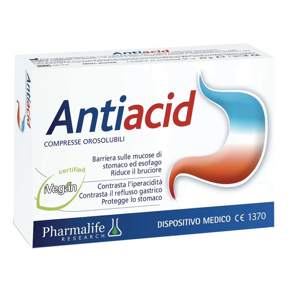 Scatola di compresse Antiacid. Scritta: Antiacid, Compresse Orosolubili. Certificazione vegana. Dispositivo medico.
