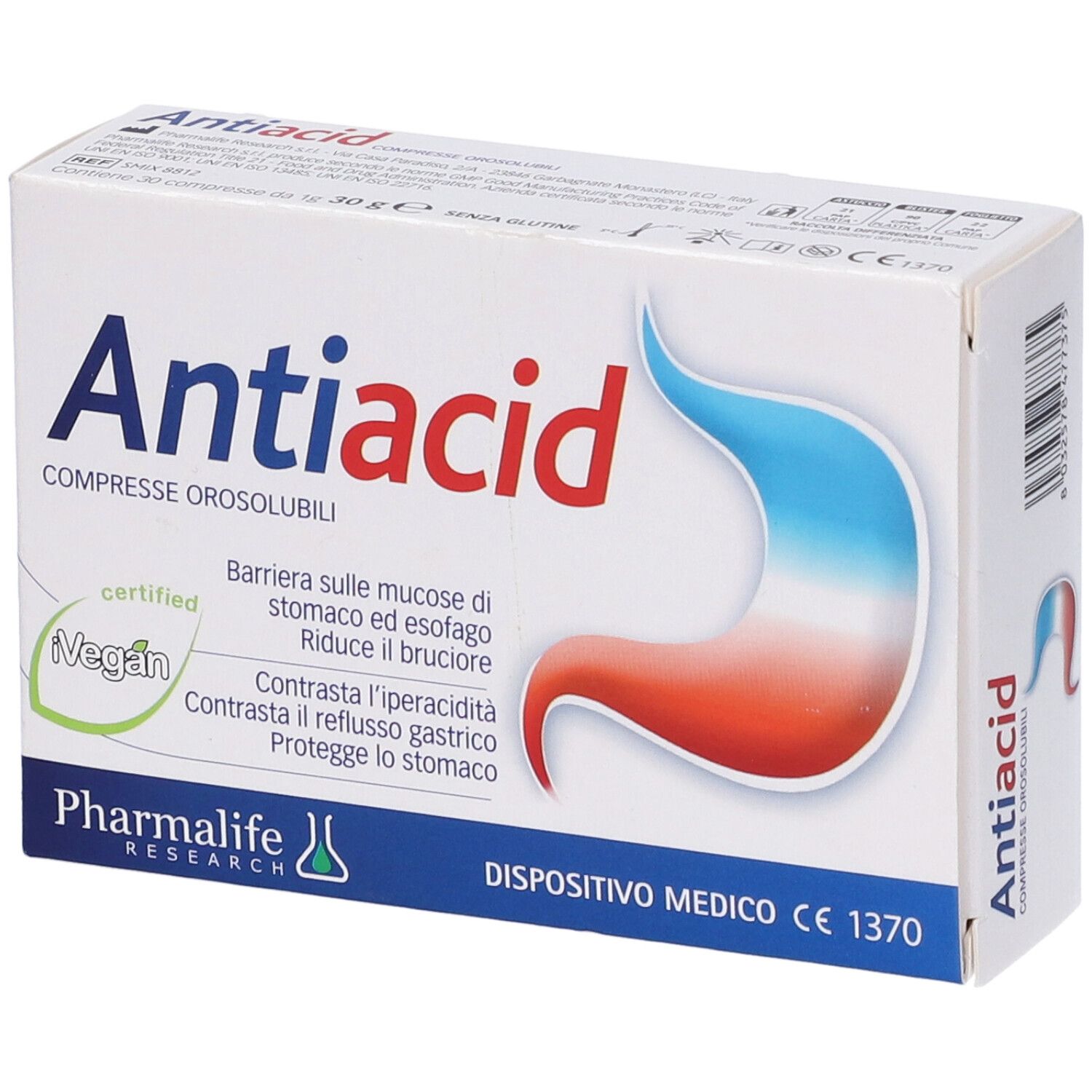 Scatola di compresse Antiacid. Scritta: Antiacid, Compresse Orosolubili. Certificazione vegana. Dispositivo medico.