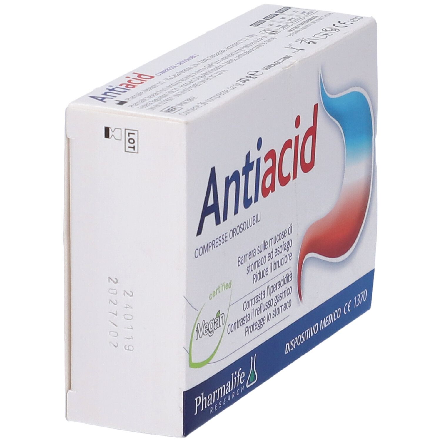 Scatola di compresse Antiacid. Scritta: Antiacid, Compresse Orosolubili. Certificazione vegana. Dispositivo medico.