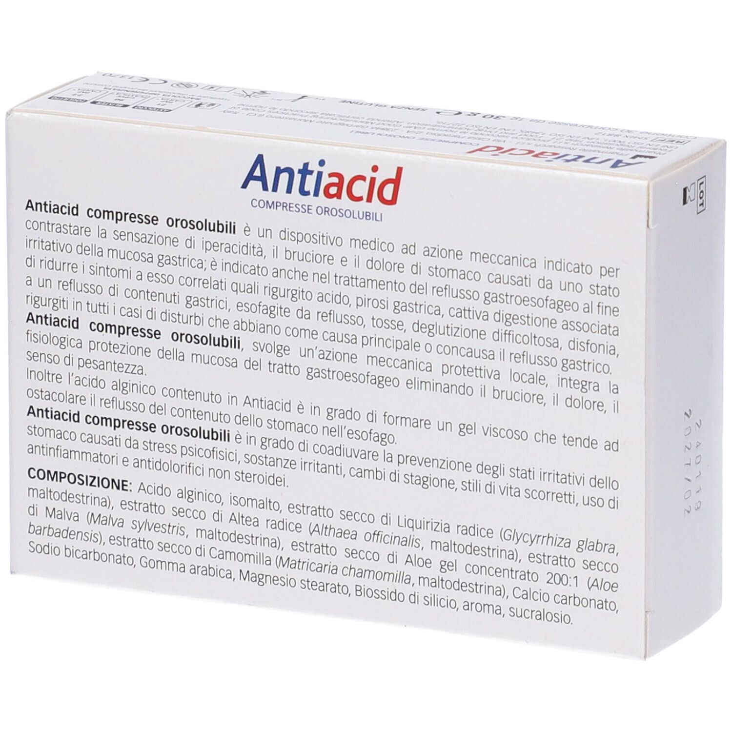 Retro della scatola di compresse Antiacid. Testo: Antiacid Compresse Orosolubili. Ingredienti e istruzioni per l'uso.