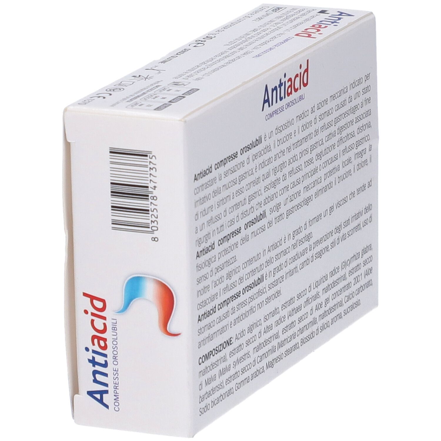 Scatola di compresse Antiacid. Scritta: Antiacid, Compresse Orosolubili. Certificazione vegana. Dispositivo medico.