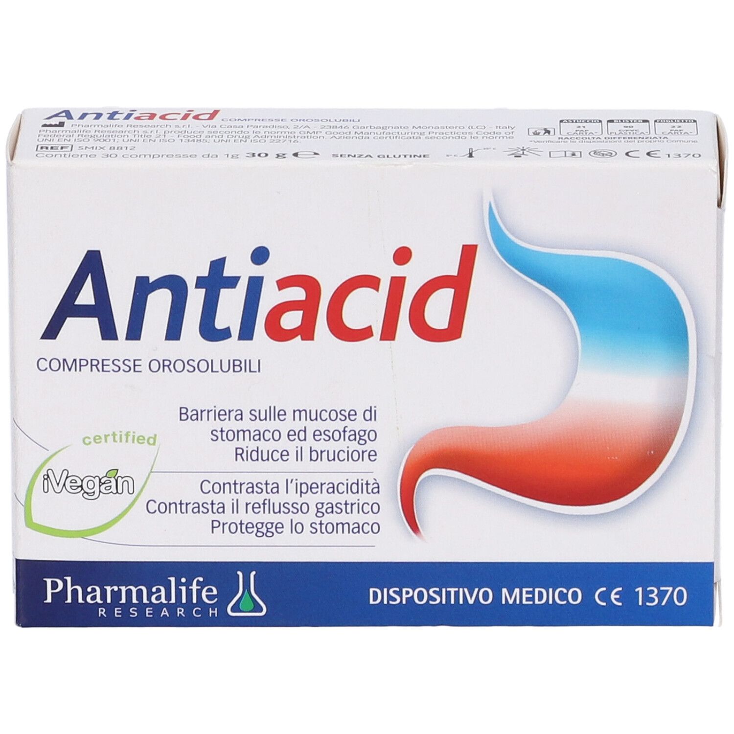 Scatola di compresse Antiacid. Scritta: Antiacid, Compresse Orosolubili. Certificazione vegana. Dispositivo medico.