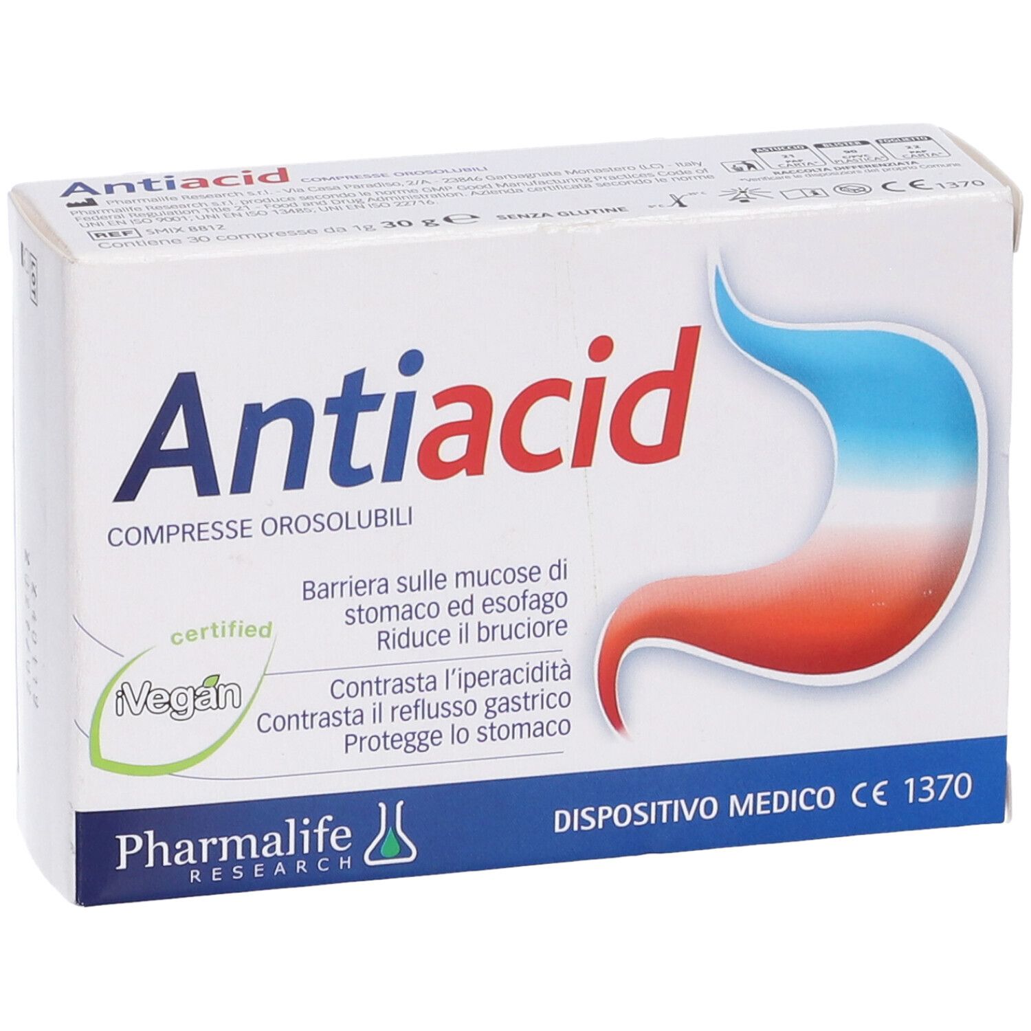 Scatola di compresse Antiacid. Scritta: Antiacid, Compresse Orosolubili. Certificazione vegana. Dispositivo medico.