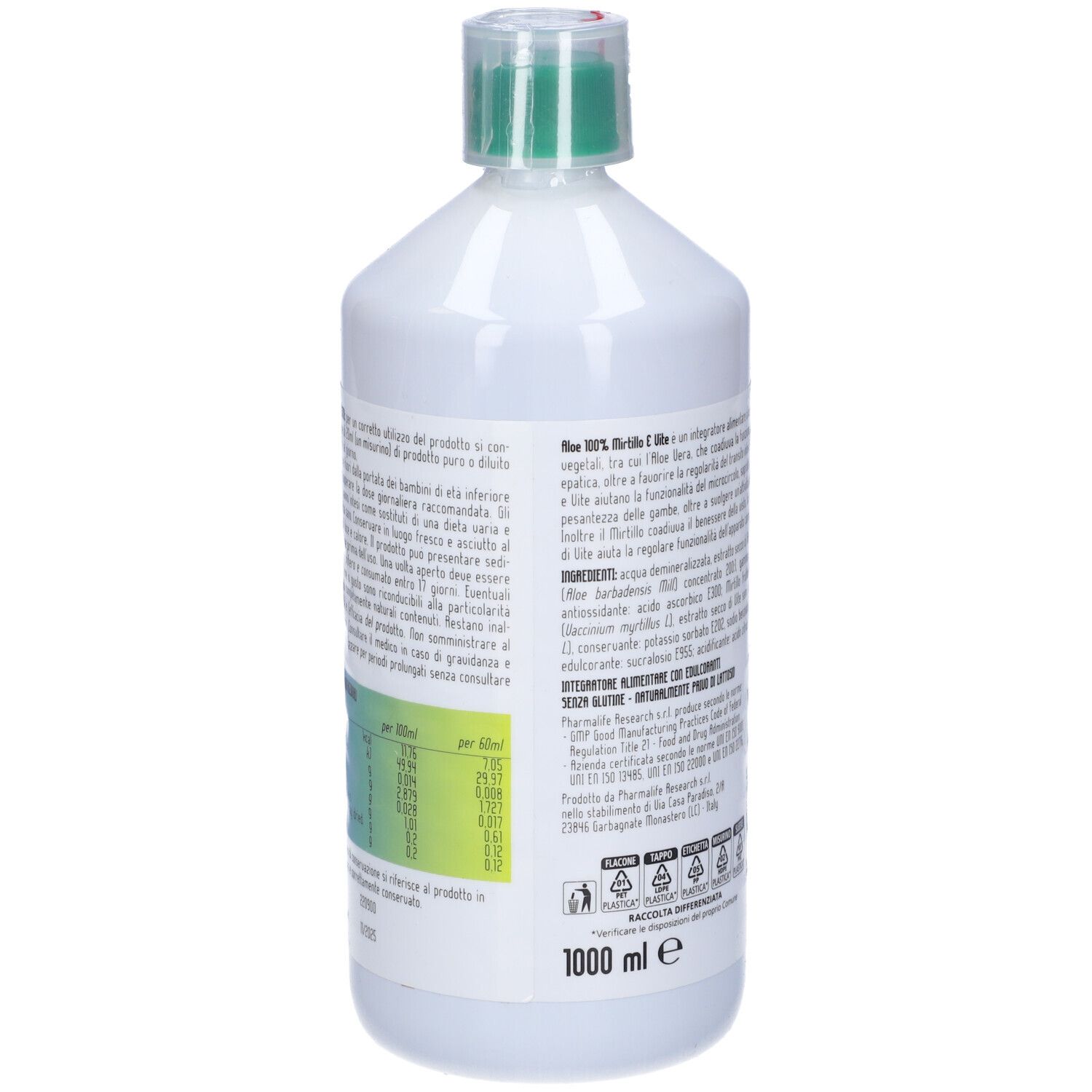 Bottiglia bianca con tappo verde. Retro con testo. Scritta: Aloe 100% Mirtillo & Vite. Volume: 1000 ml.