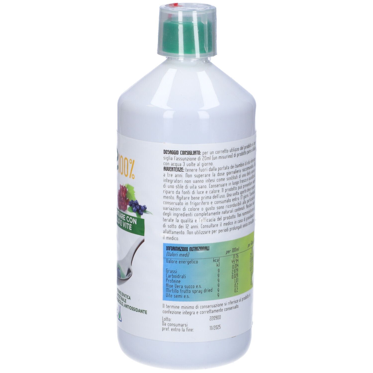 Bottiglia bianca con tappo verde. Scritta: Aloe 100% Mirtillo & Vite. Testo e informazioni nutrizionali.