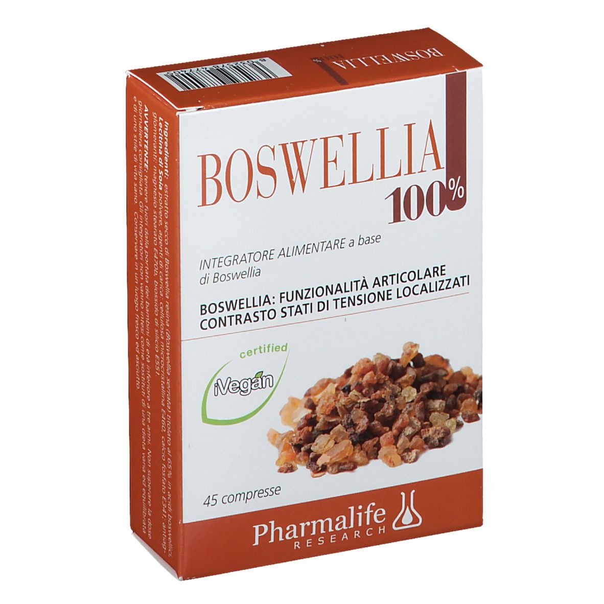 Confezione di compresse Boswellia 100%. 45 compresse. Certificato Vegan. Marchio Pharmalife Research. Confezione marrone e bianca.