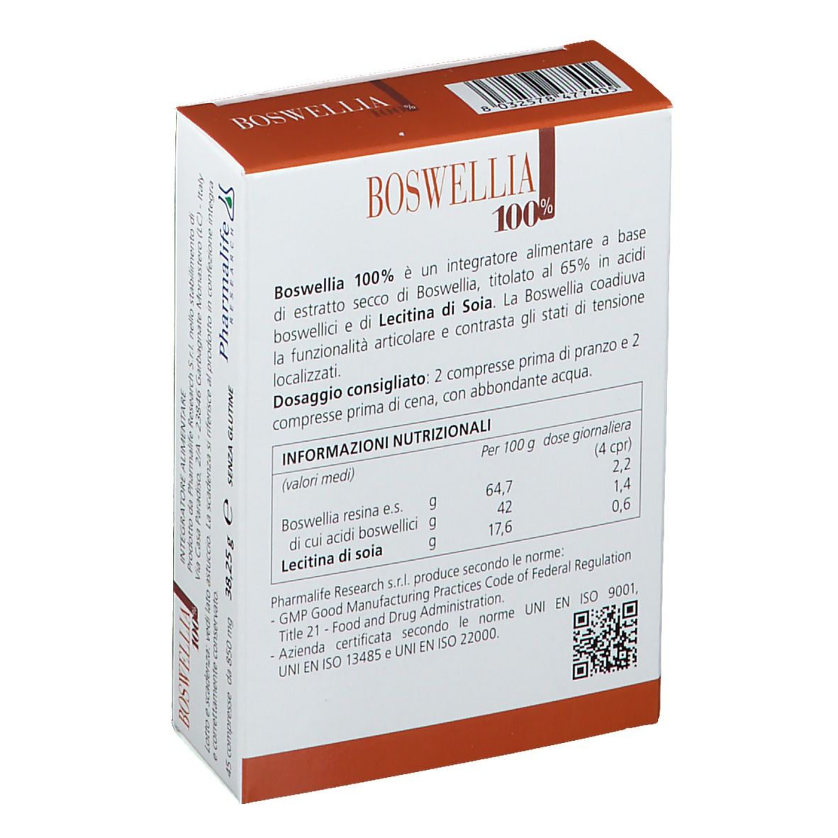 Retro della confezione di compresse Boswellia 100%. Informazioni nutrizionali. Marchio Pharmalife Research. Testo in italiano.