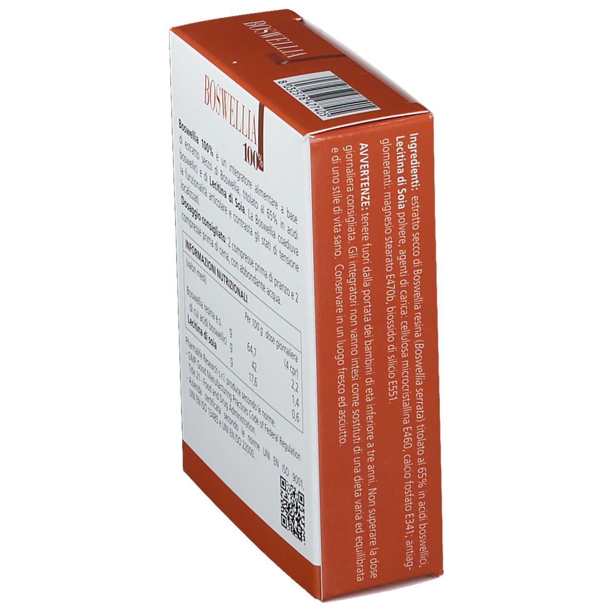 Lato della confezione di compresse Boswellia 100%. Elenco ingredienti. Marchio Pharmalife Research. Testo in italiano.