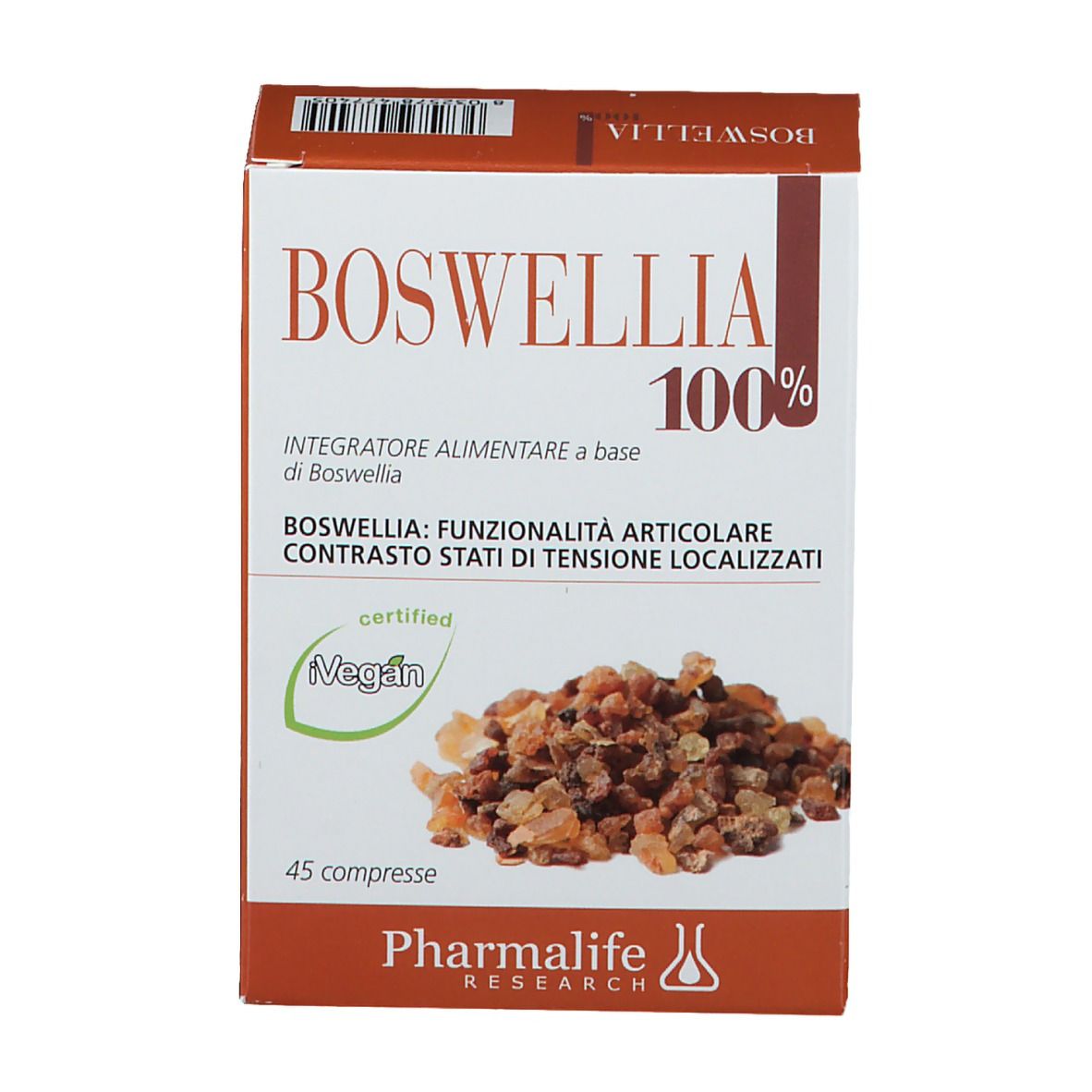 Confezione di compresse Boswellia 100%. 45 compresse. Certificato Vegan. Marchio Pharmalife Research. Confezione marrone e bianca.