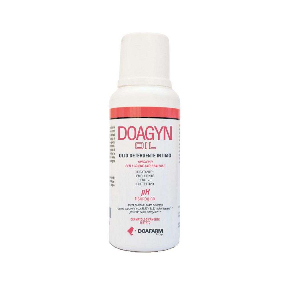 Flacone bianco con fascia rossa. Testo: DOAGYN OIL, OLI DETERGENTE INTIMO. pH. Logo DOAFARM.