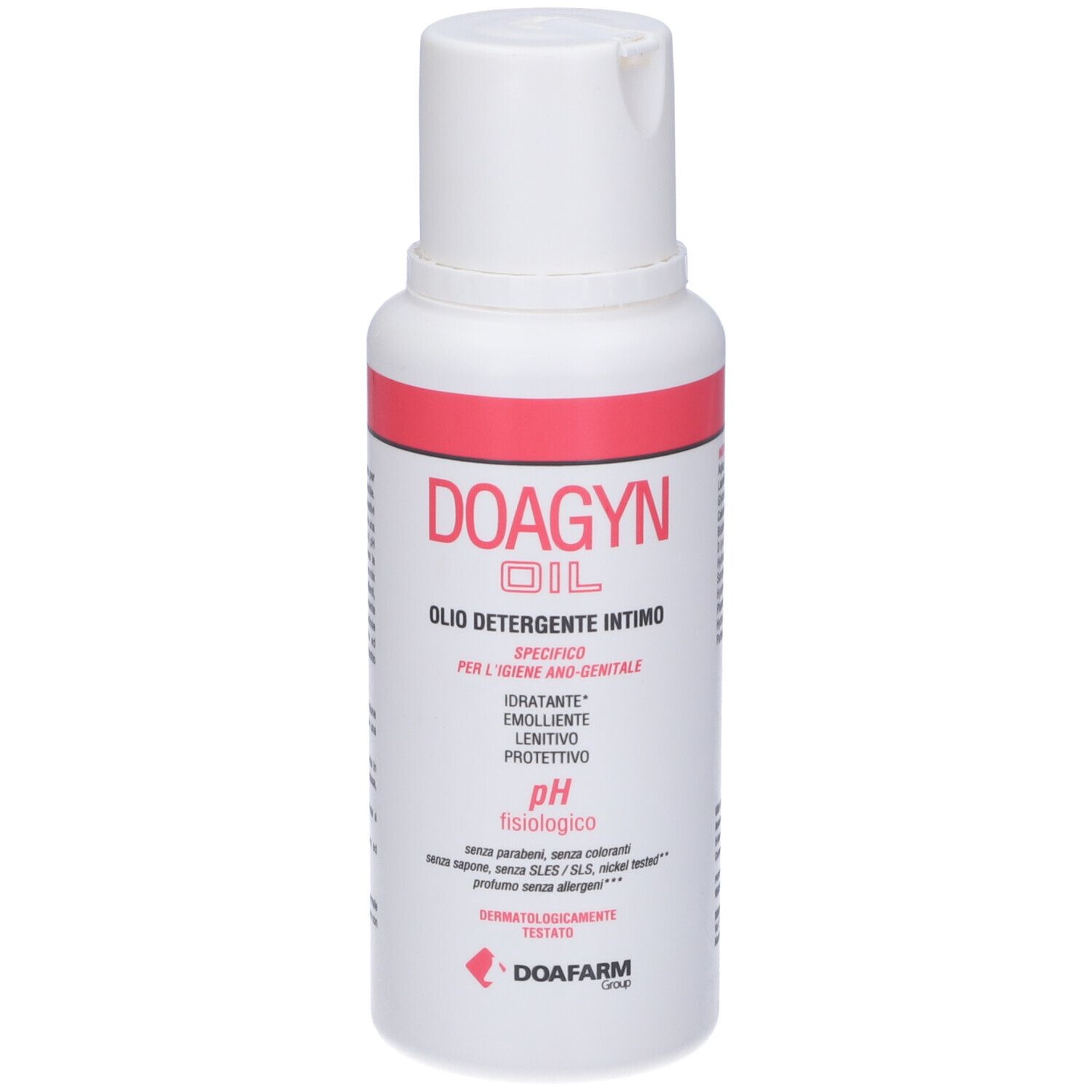 Flacone bianco con fascia rossa. Testo: DOAGYN OIL, OLI DETERGENTE INTIMO. pH. Logo DOAFARM.