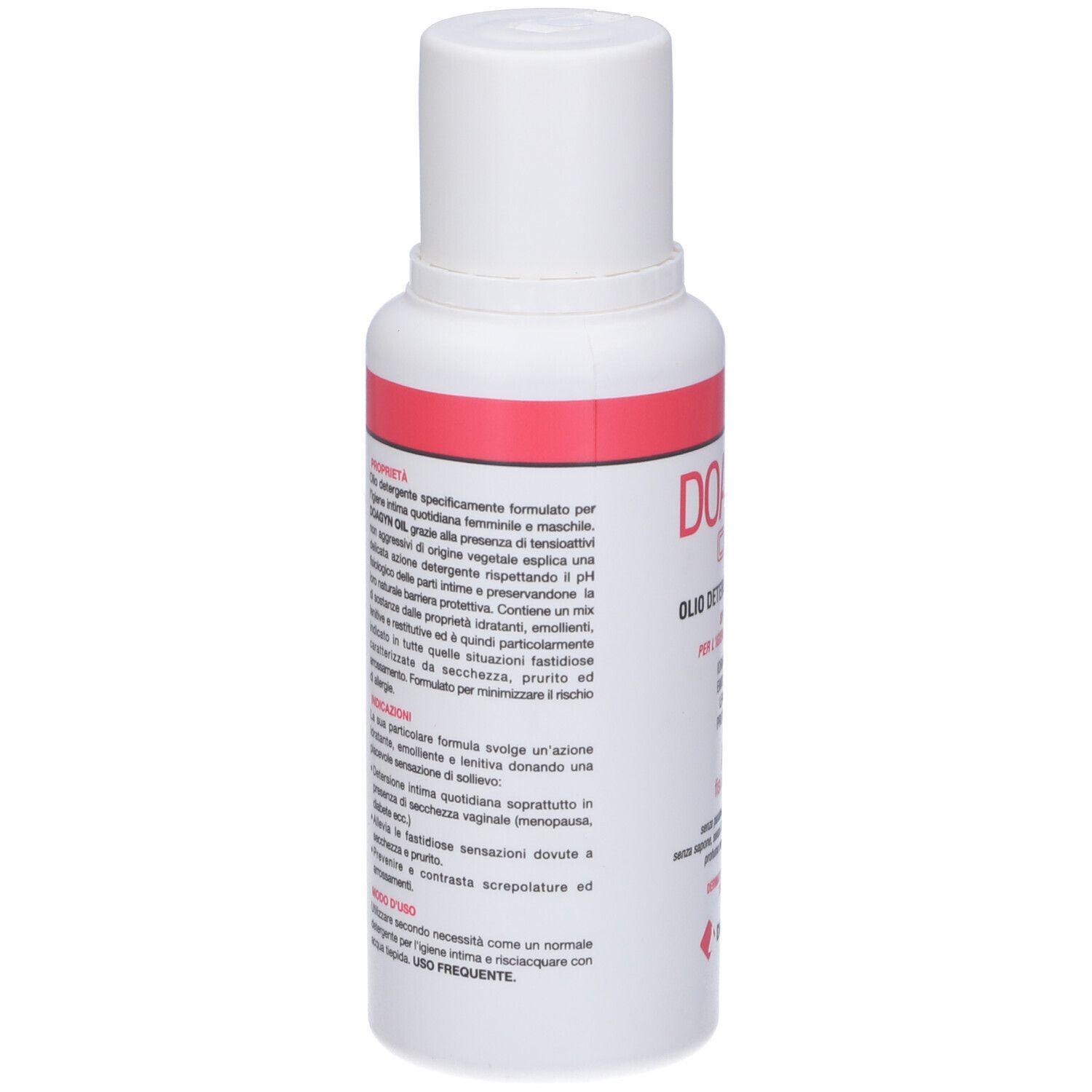 Flacone bianco con fascia rossa. Testo: DOAGYN OIL, OLI DETERGENTE INTIMO. pH. Logo DOAFARM.