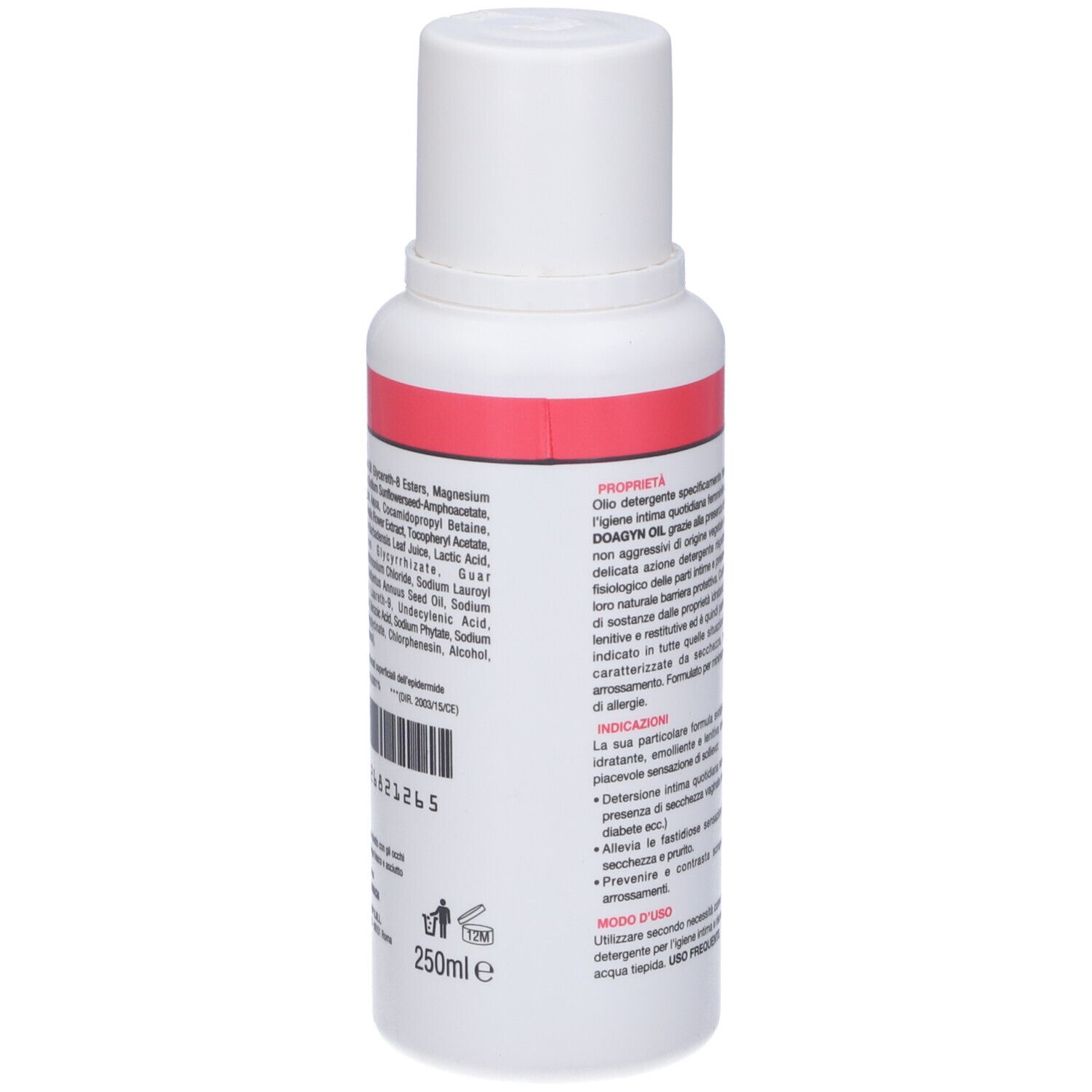 Flacone bianco con fascia rossa. Testo: DOAGYN OIL, OLI DETERGENTE INTIMO. pH. Logo DOAFARM.