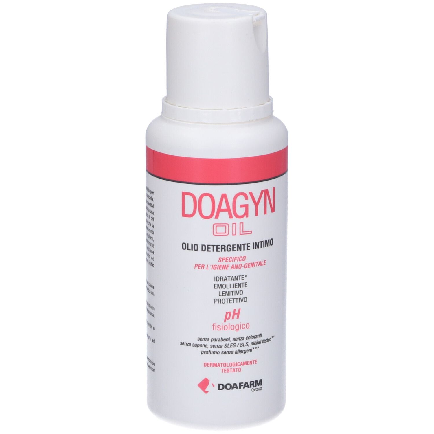 Flacone bianco con fascia rossa. Testo: DOAGYN OIL, OLI DETERGENTE INTIMO. pH. Logo DOAFARM.