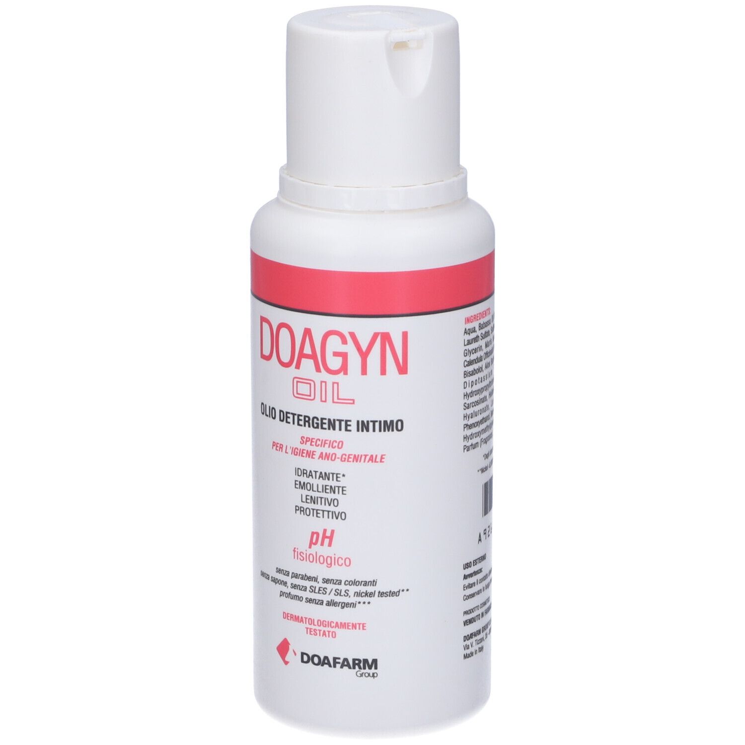 Flacone bianco con fascia rossa. Testo: DOAGYN OIL, OLI DETERGENTE INTIMO. pH. Logo DOAFARM.