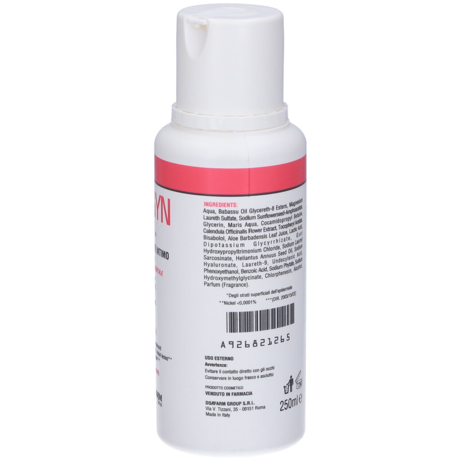 Flacone bianco con fascia rossa. Testo: DOAGYN OIL, OLI DETERGENTE INTIMO. pH. Logo DOAFARM. 250ml.