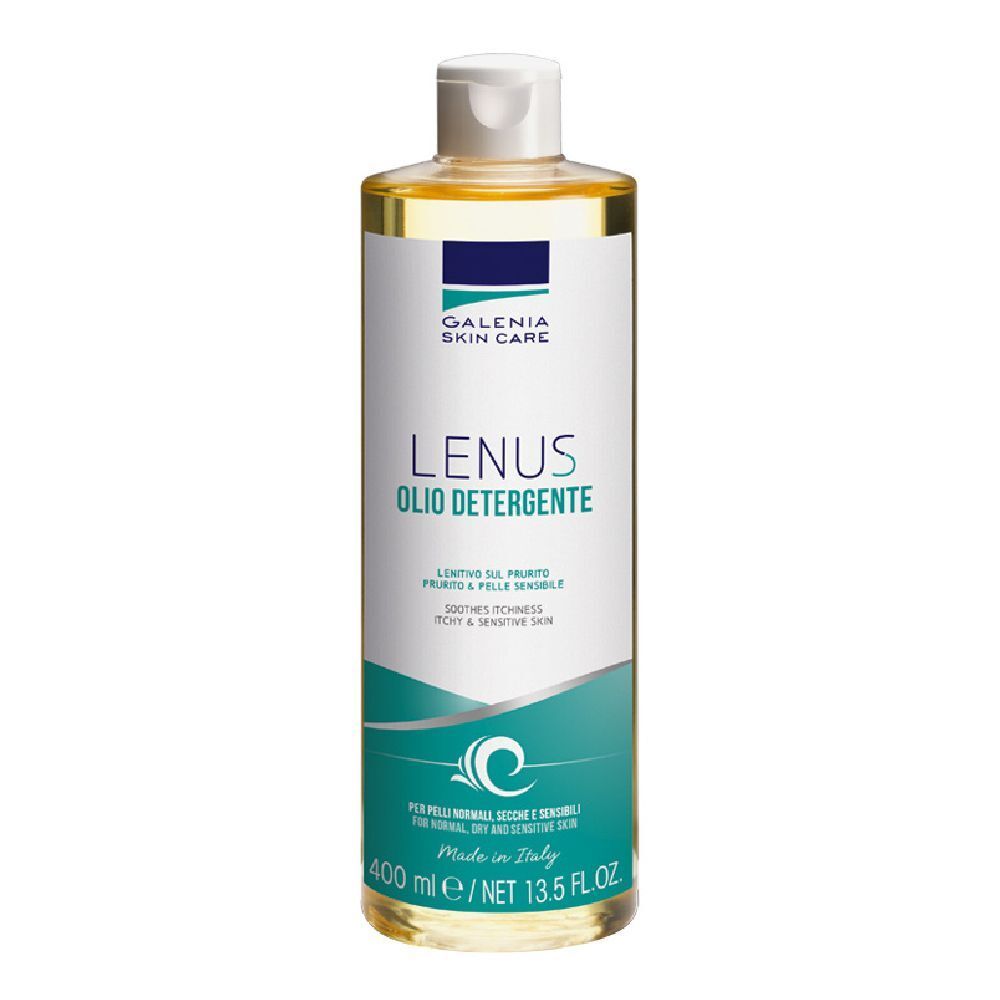 Flacone di Lenus Olio Detergente. Marchio Galenia Skin Care. Per pelli normali, secche e sensibili. Contenuto: 400 ml.