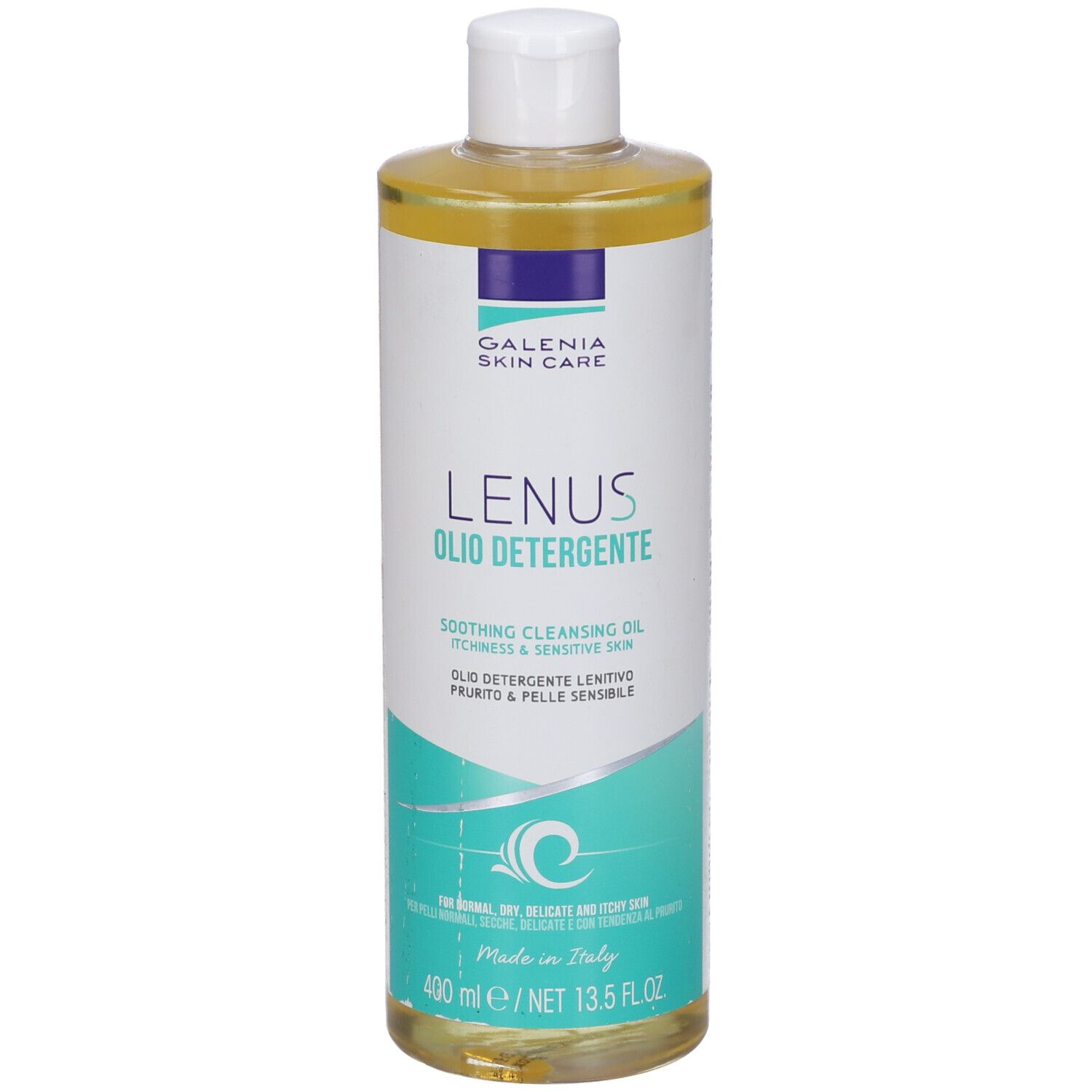 Flacone di Lenus Olio Detergente. Marchio Galenia Skin Care. Per pelli normali, secche e sensibili. Contenuto: 400 ml.