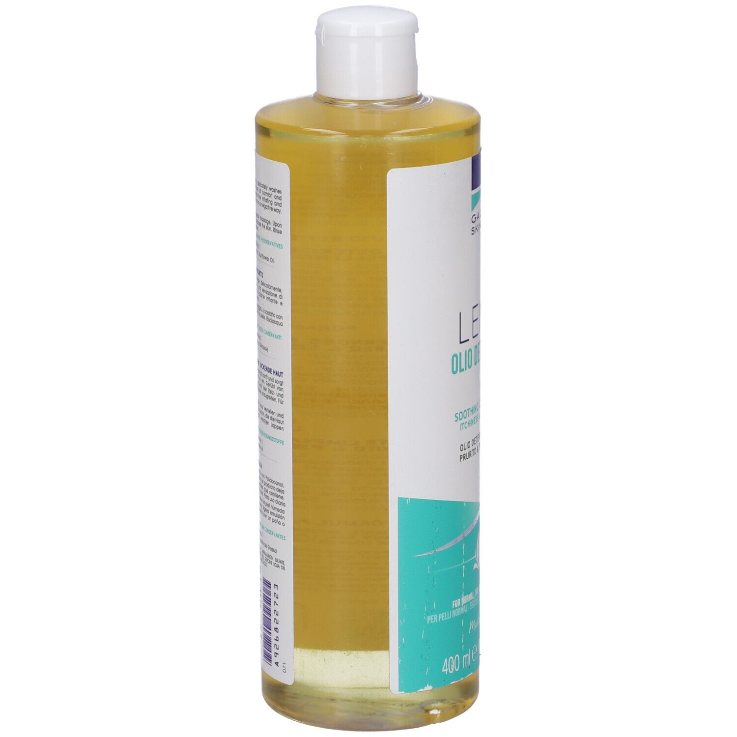 Retro di flacone Lenus Olio Detergente. Marchio Galenia Skin Care. Per pelli normali, secche e sensibili. Contenuto: 400 ml.